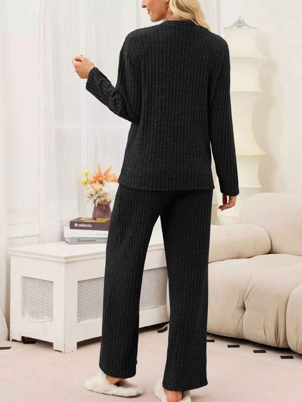 Ribbed Knit Top and Wide-Leg Pants Set - Lilixa.store