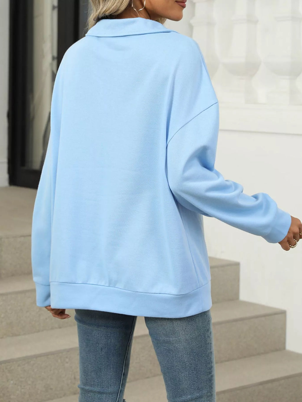 Johnny Collar Drop Shoulder Long Sleeve Sweatshirt - Lilixa.store