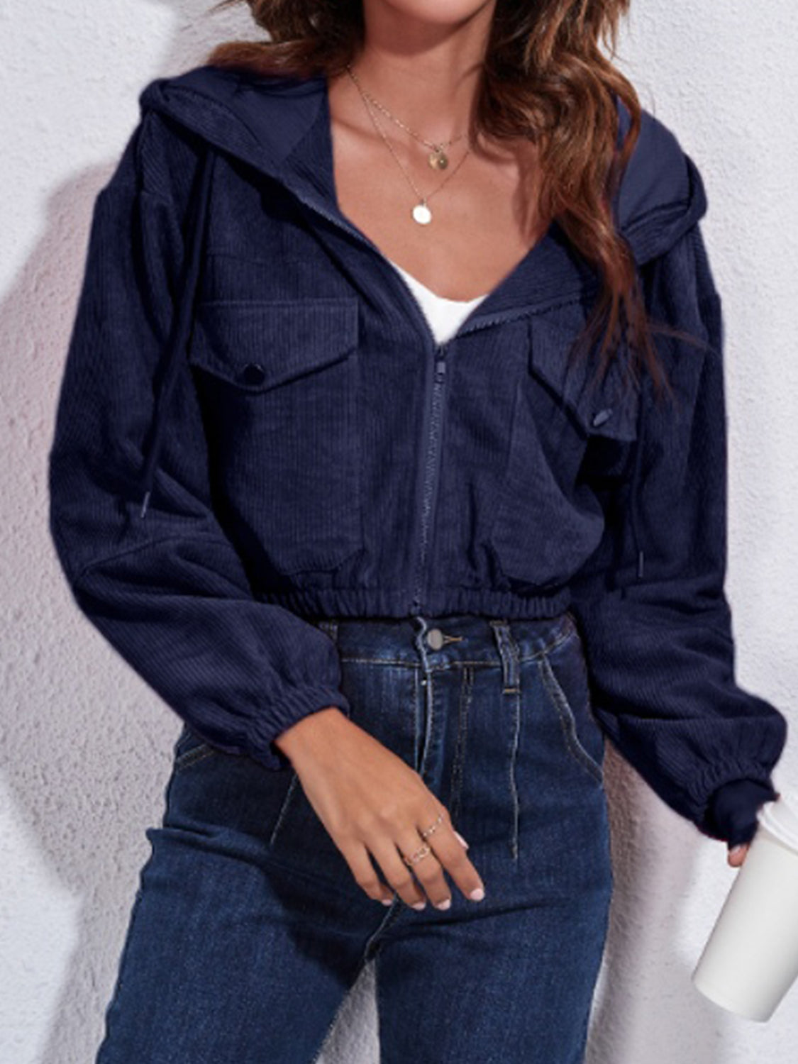 Drawstring Hooded Zip Up Jacket with Pockets, view 15