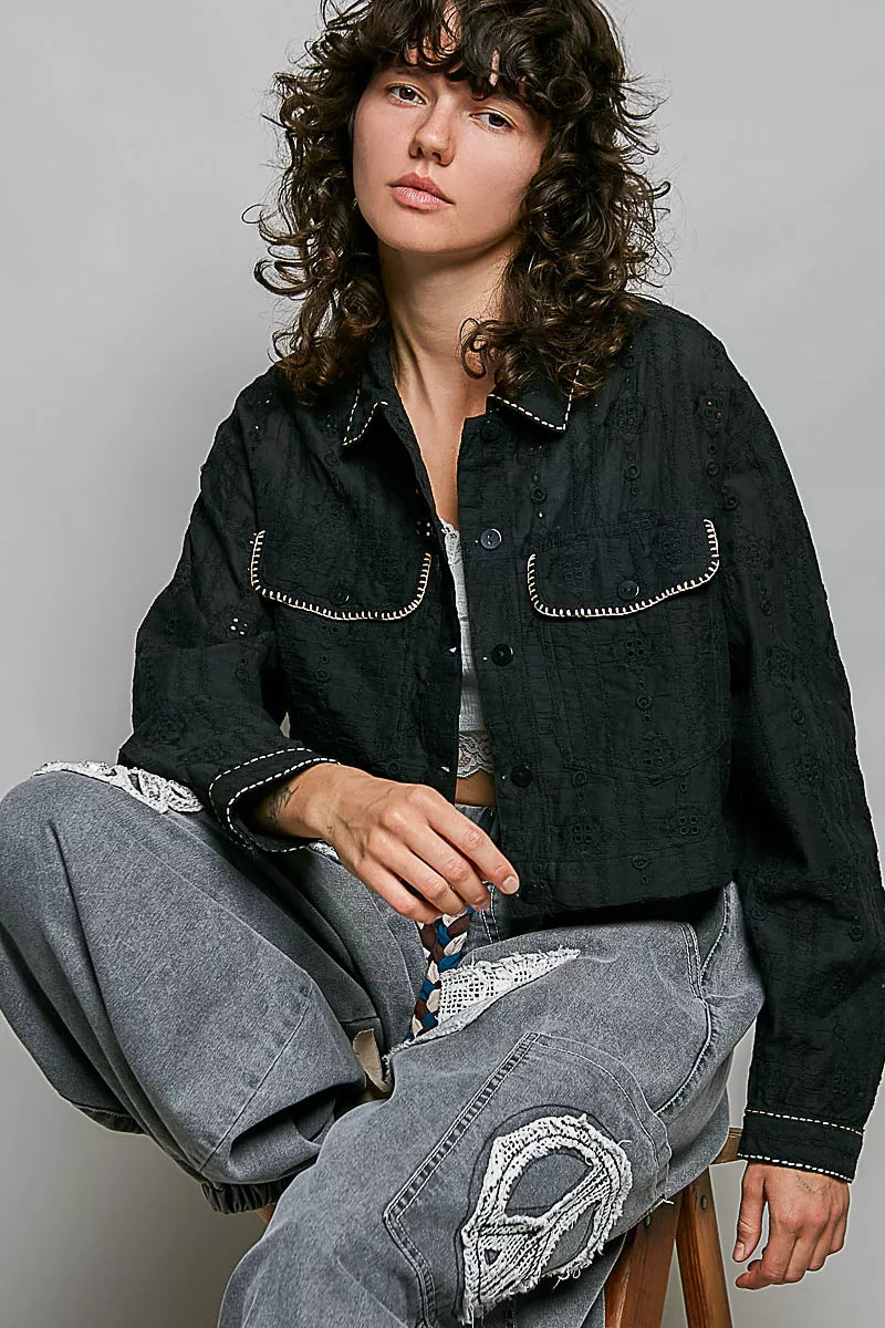 POL Cropped Button-Front Eyelet Cotton Jacket in Black, view 4