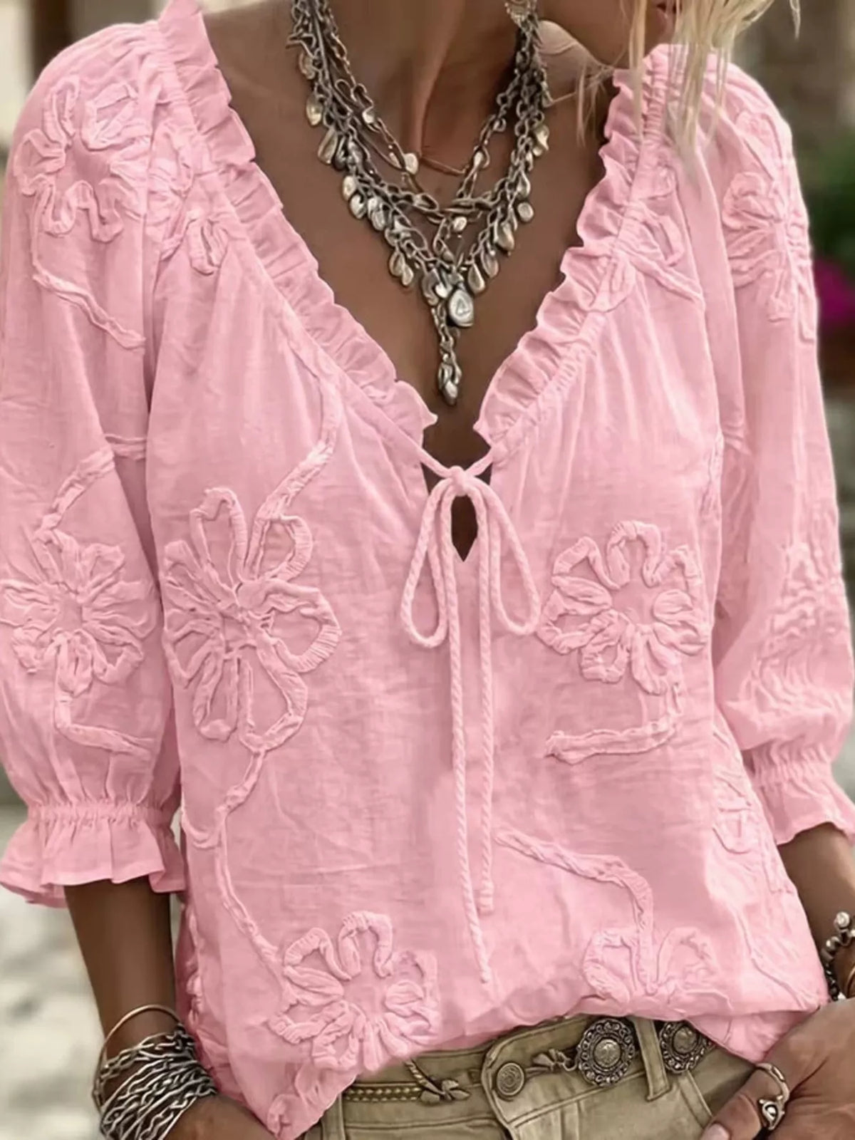 Full Size Flower Tie Front 3/4 Sleeve Blouse Plus Size - Lilixa.store