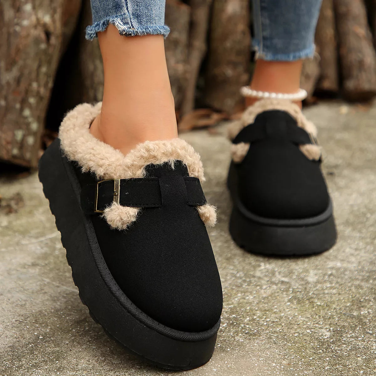 Fuzzy Trim Buckle Platform Slippers - Lilixa.store