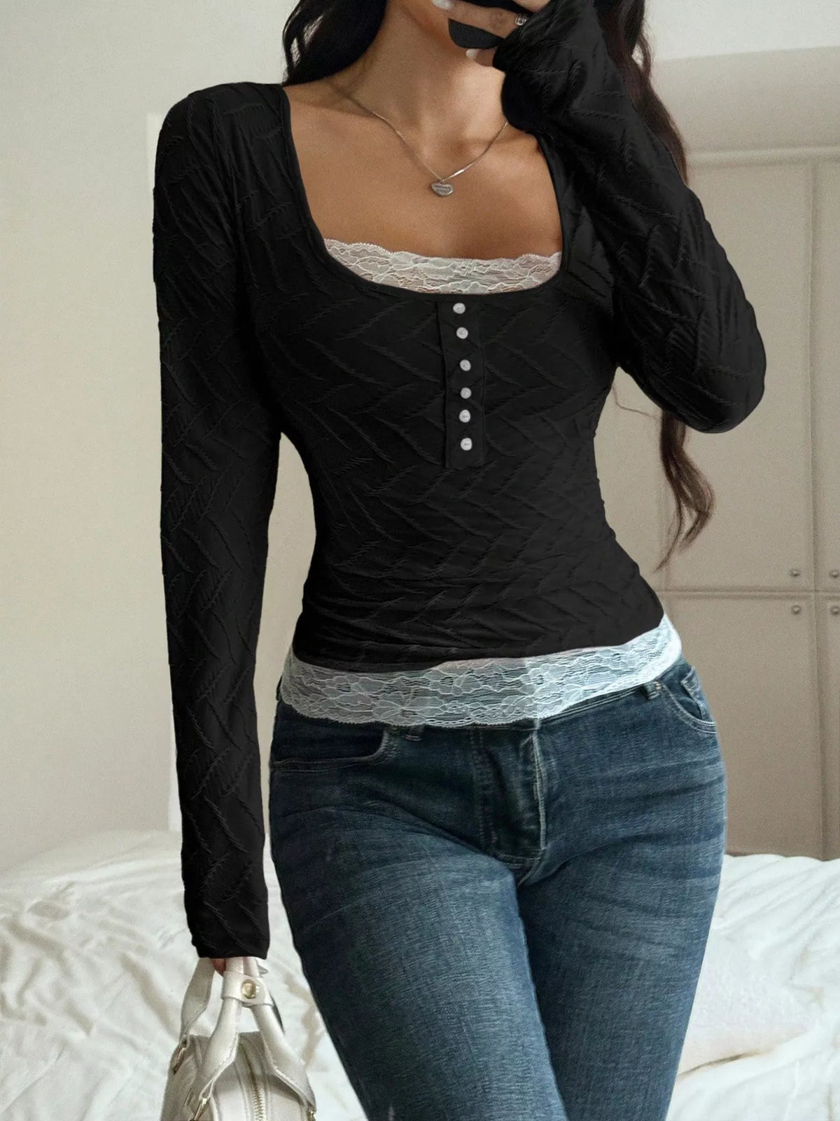 Square Neck Lace Trim Textured T-Shirt - Lilixa.store