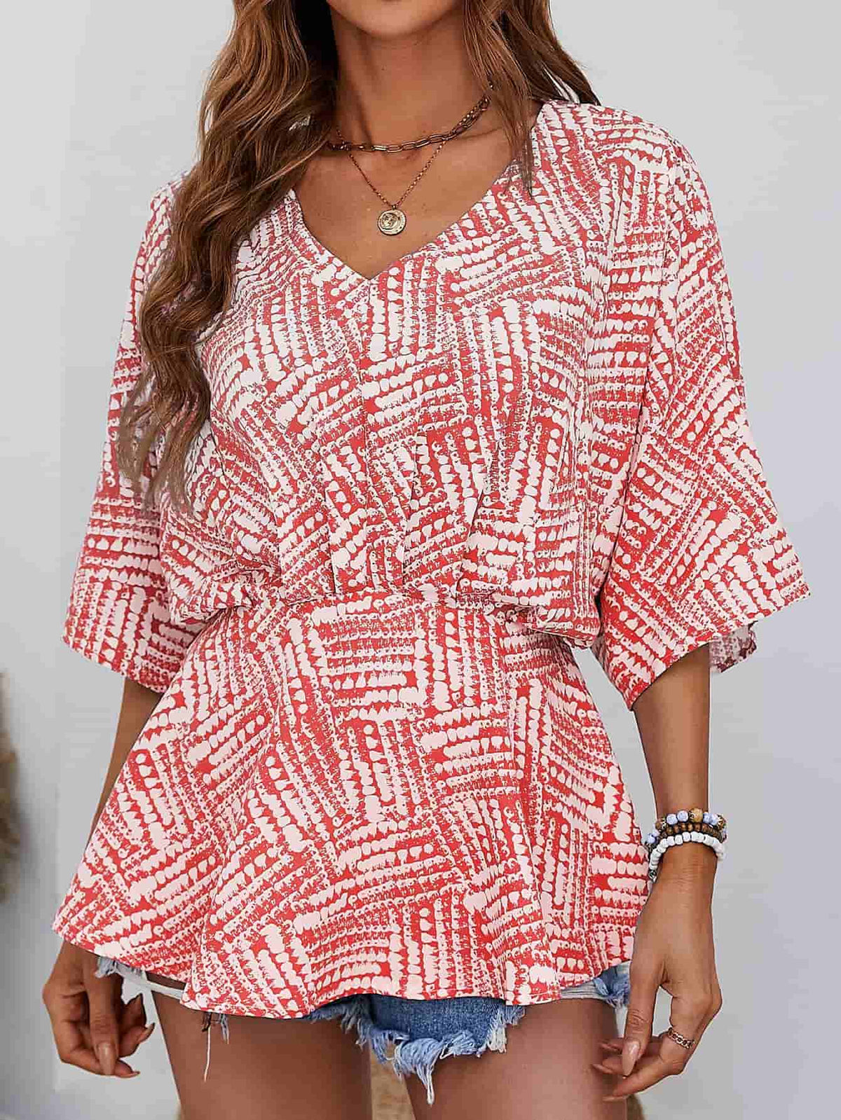 Printed V-Neck Dolman Sleeve Blouse - Lilixa.store