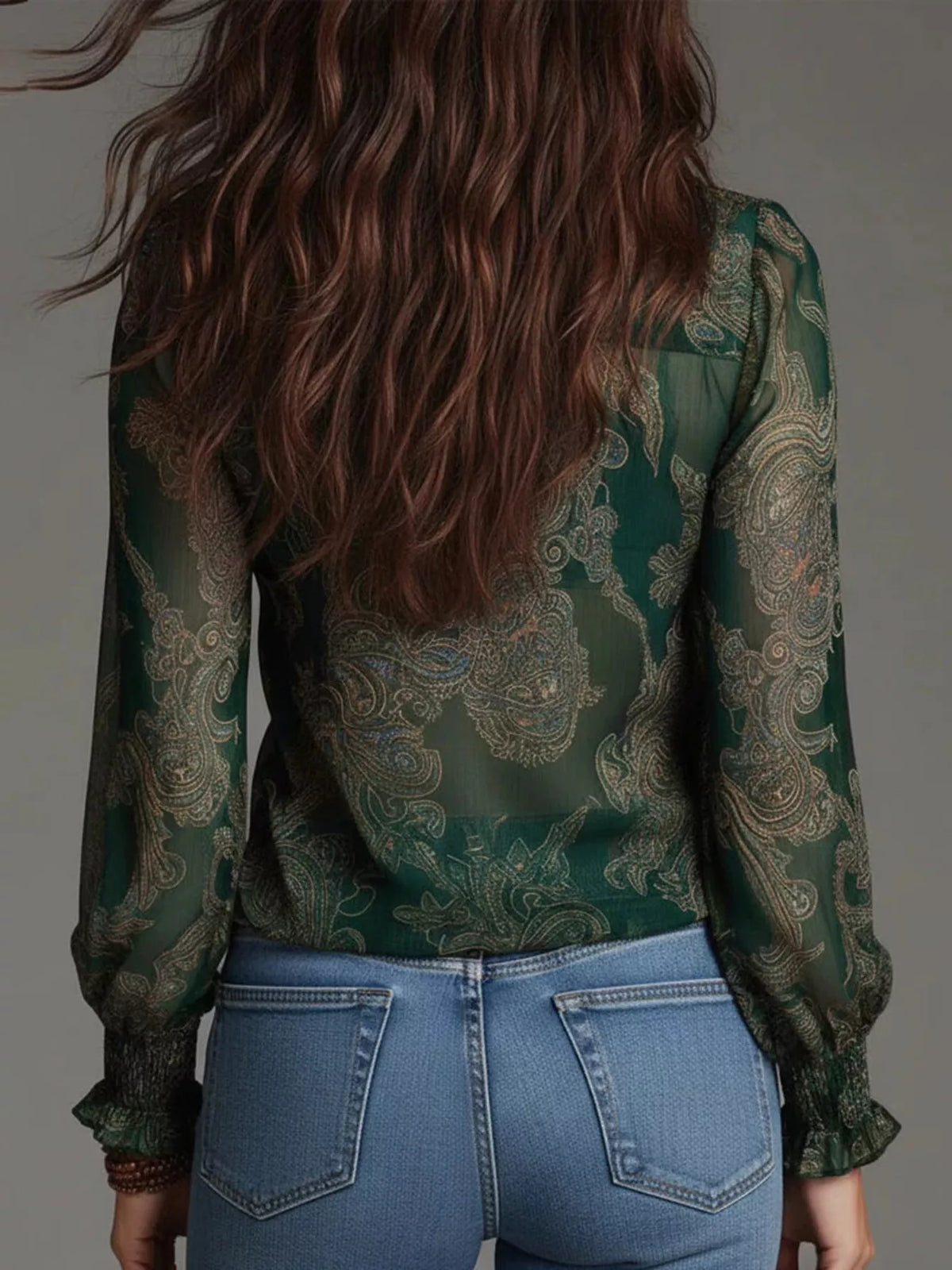 Full Size Paisley Print Ruffle Trim Zip-Front Blouse Plus Size, view 11