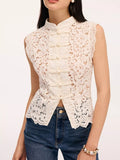 Chinese Knot Buttons Lace Sleeveless Top - Lilixa.store