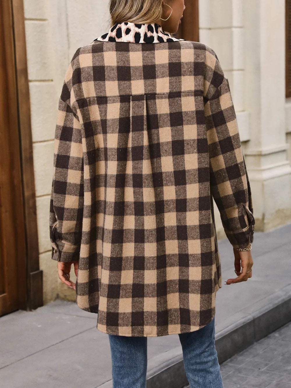 Ivy Lane Plaid Button Up Dropped Shoulder Jacket in Camel, view 3