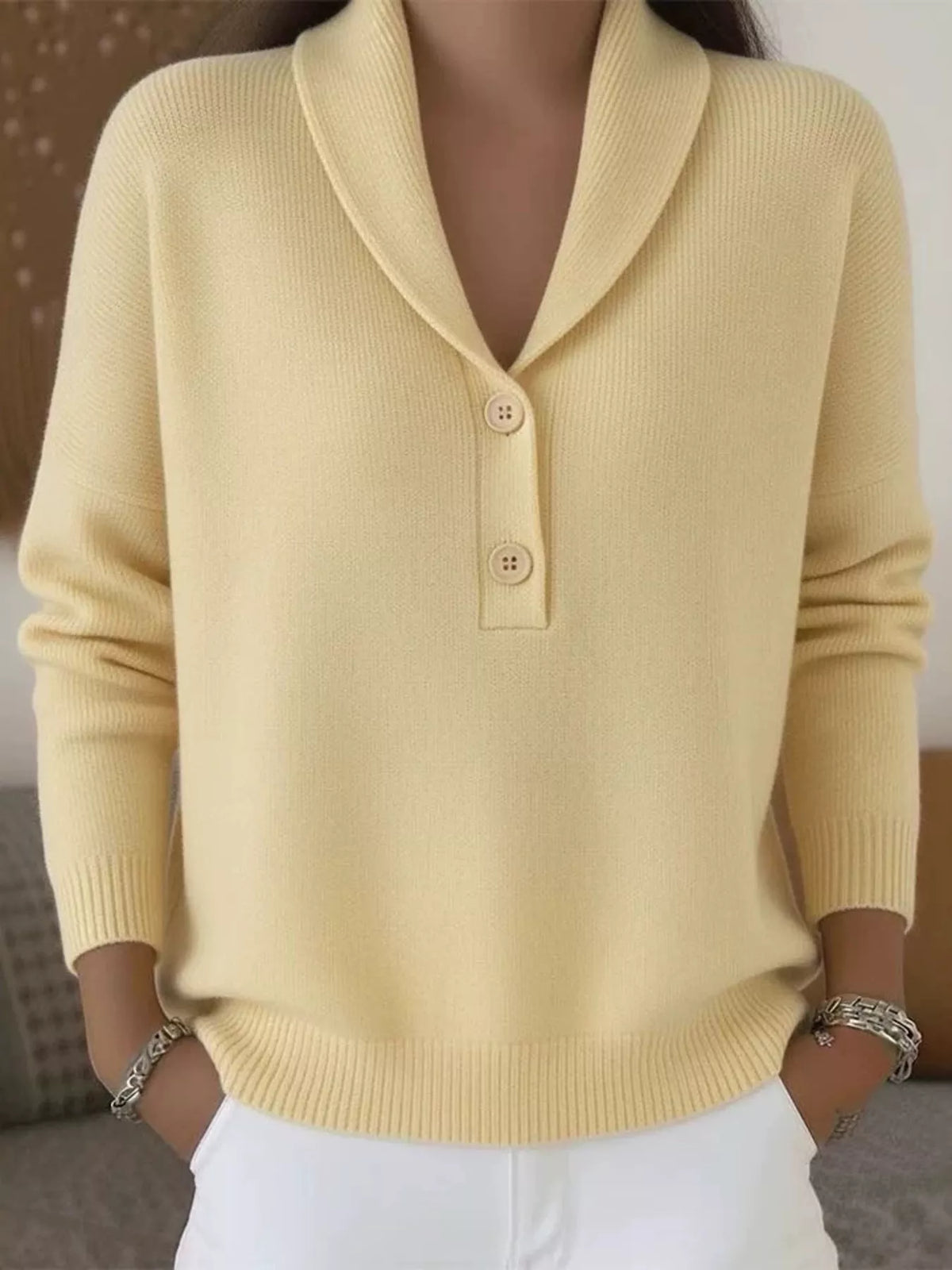 Shawl Collar Button Detail Sweater in Yellow