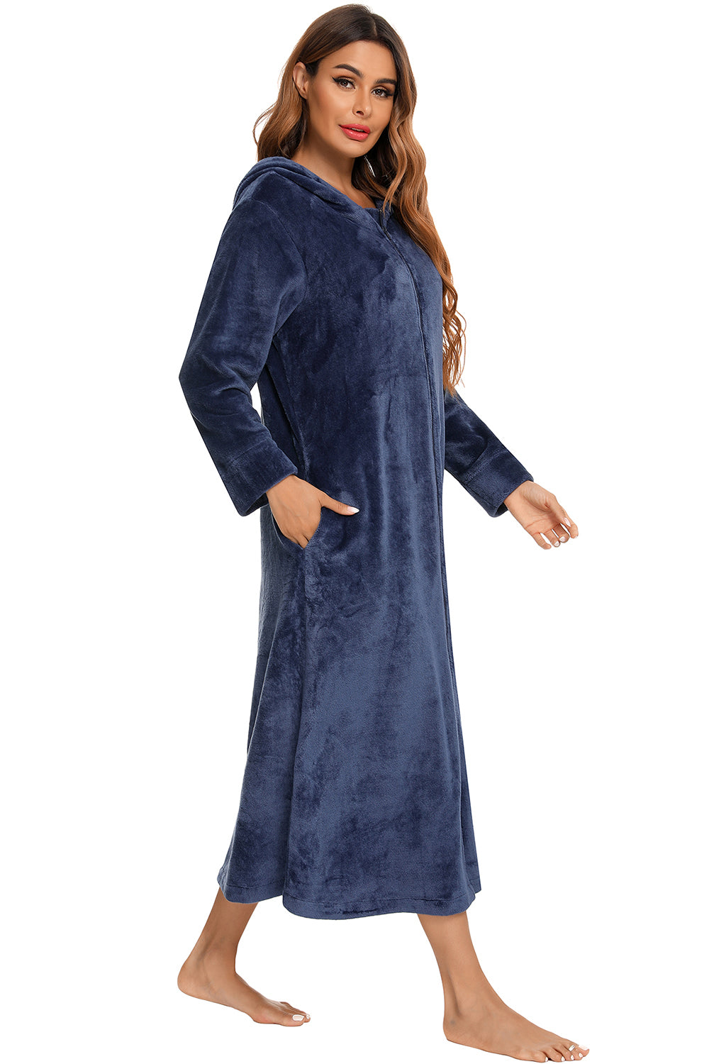 Zip Front Hooded Night Dress with Pockets - Lilixa.store