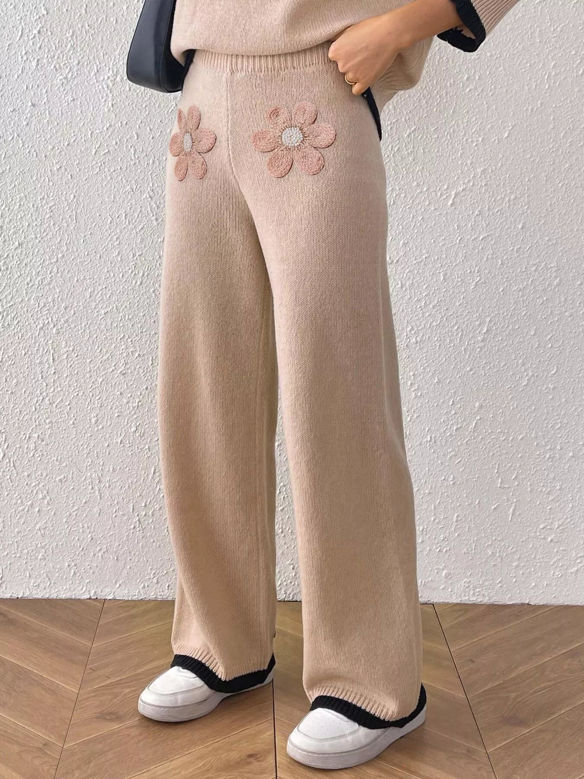 Floral Applique High-Waisted Wide-Leg Sweater Pants - Lilixa.store