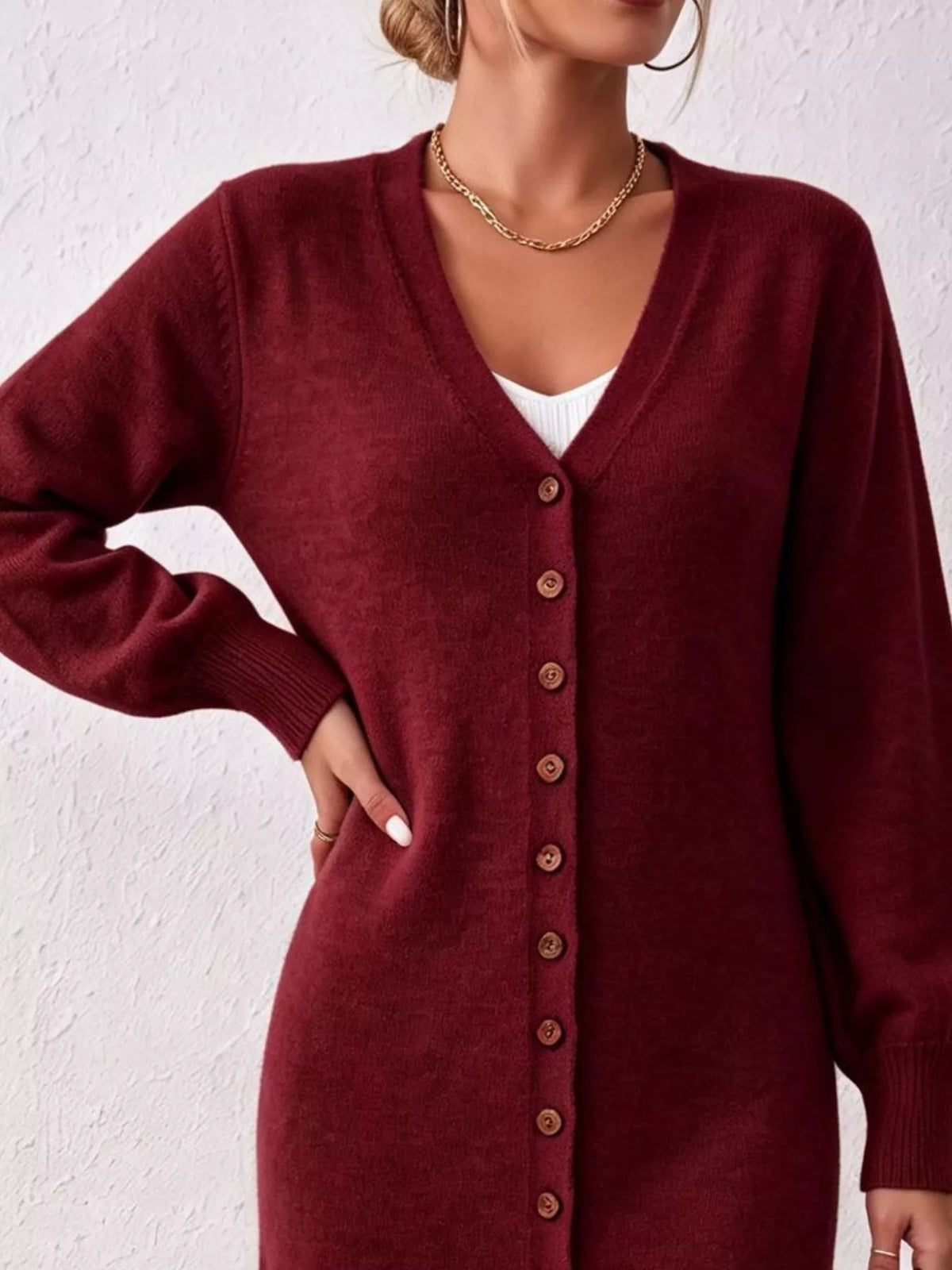 Elegant Longline Button-Front Cardigan with Lantern Sleeves, view 6