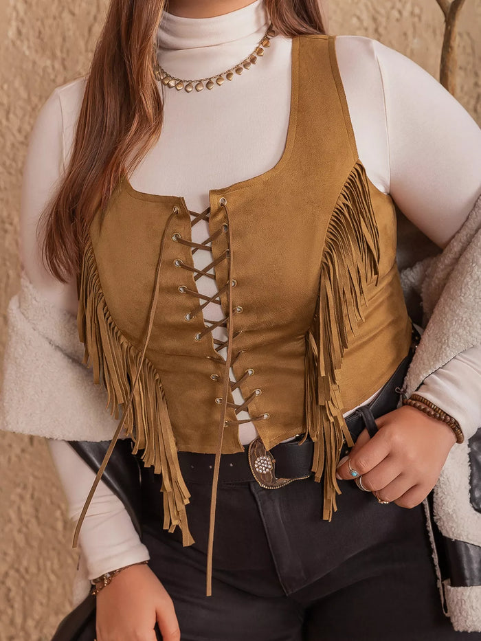Plus Size Fringed Lace-Up Suede Vest - Lilixa.store