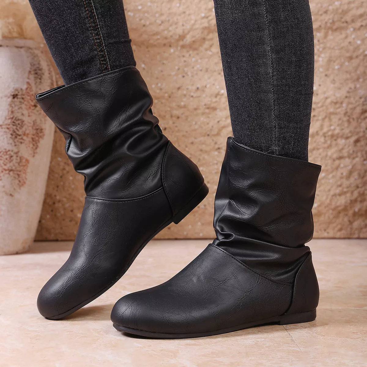 Flat Ankle Boots with Wrinkled Design - Lilixa.store