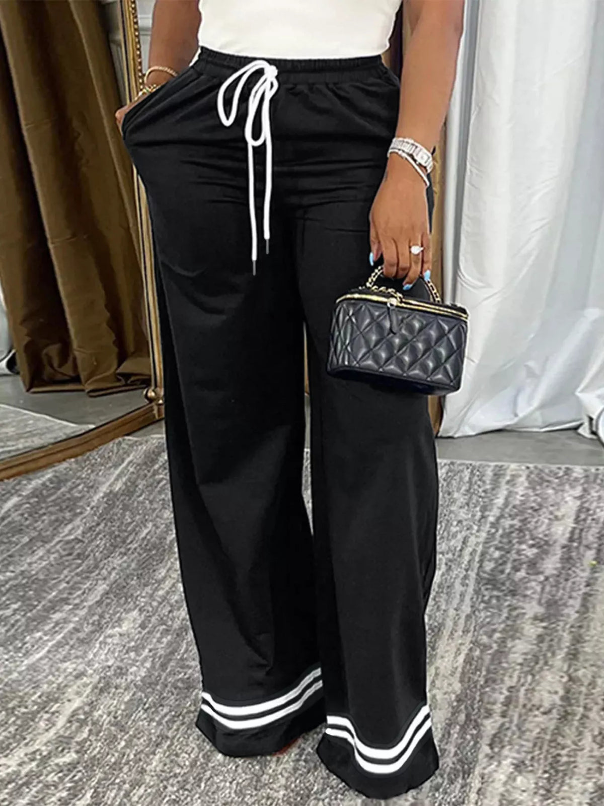 Wide-Leg Drawstring Pants with Striped Hem - Lilixa.store