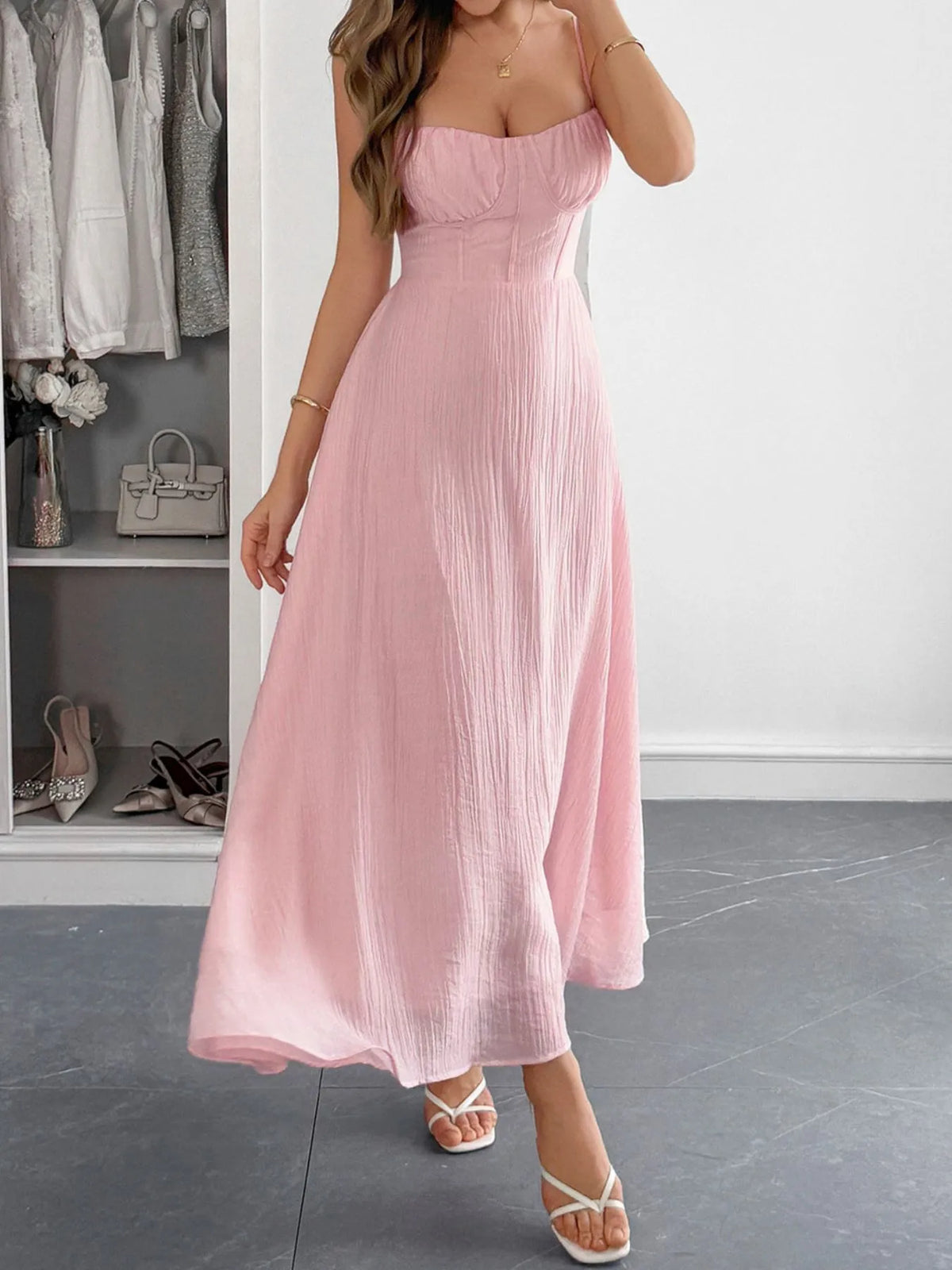 Texture Sweetheart Neck Backless Cami Dress - Lilixa.store