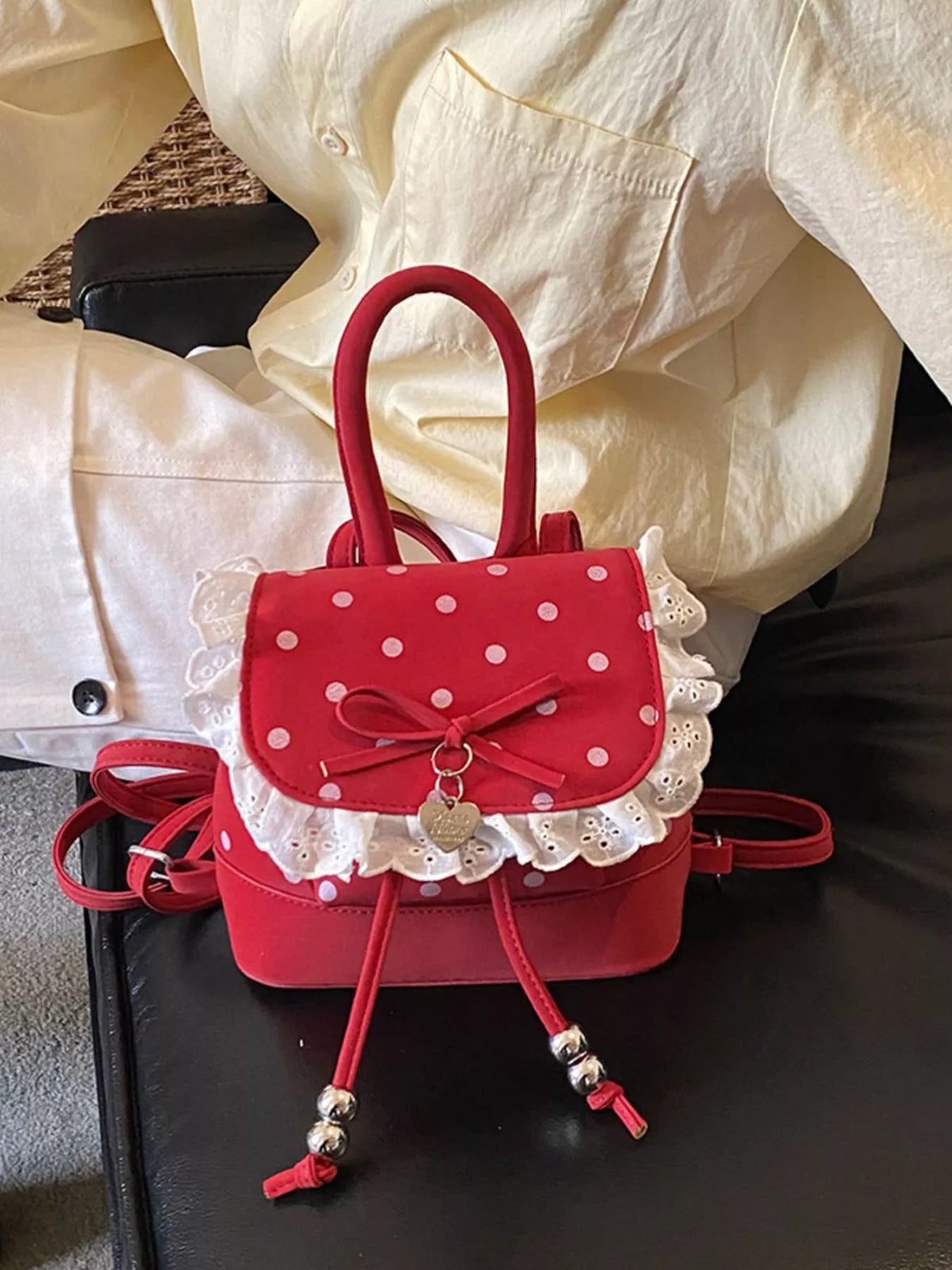Polka Dot Lace Trim Backpack Bag - Lilixa.store