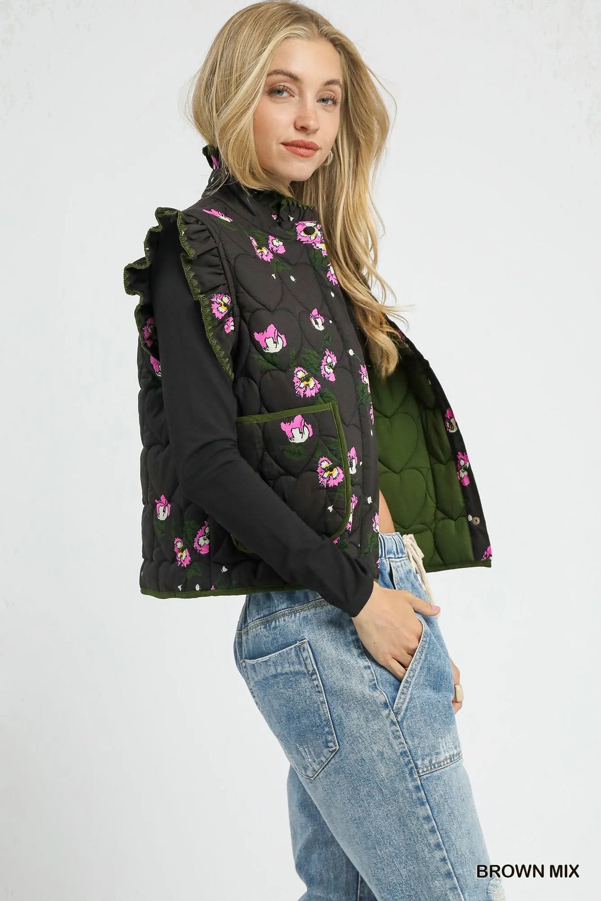 Umgee Ruffled Quilted Floral Snap Down Vest, view 3