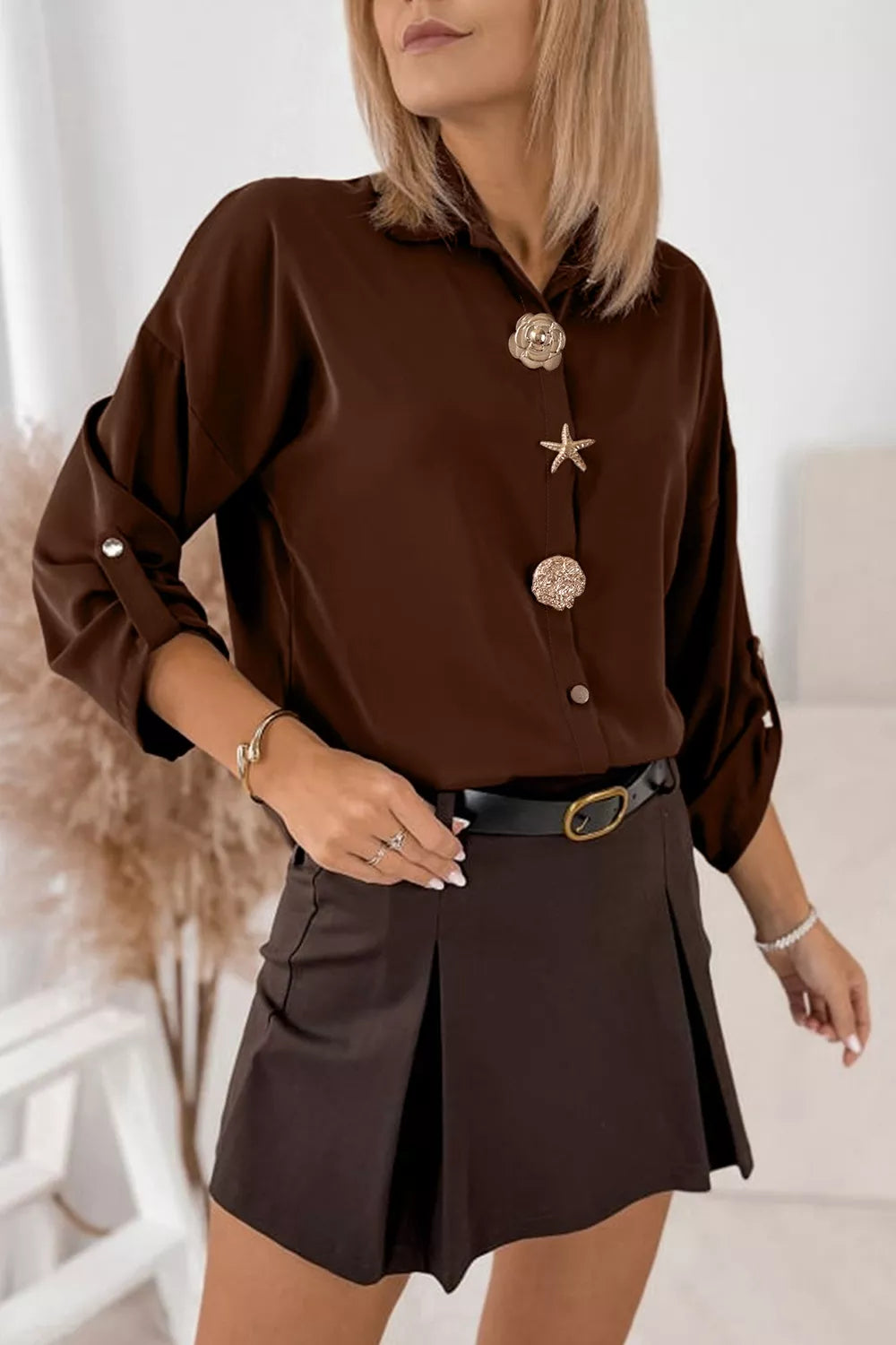 Multi Button Decoration Tab Long Sleeve Casual Shirt in Dark Brown, view 3