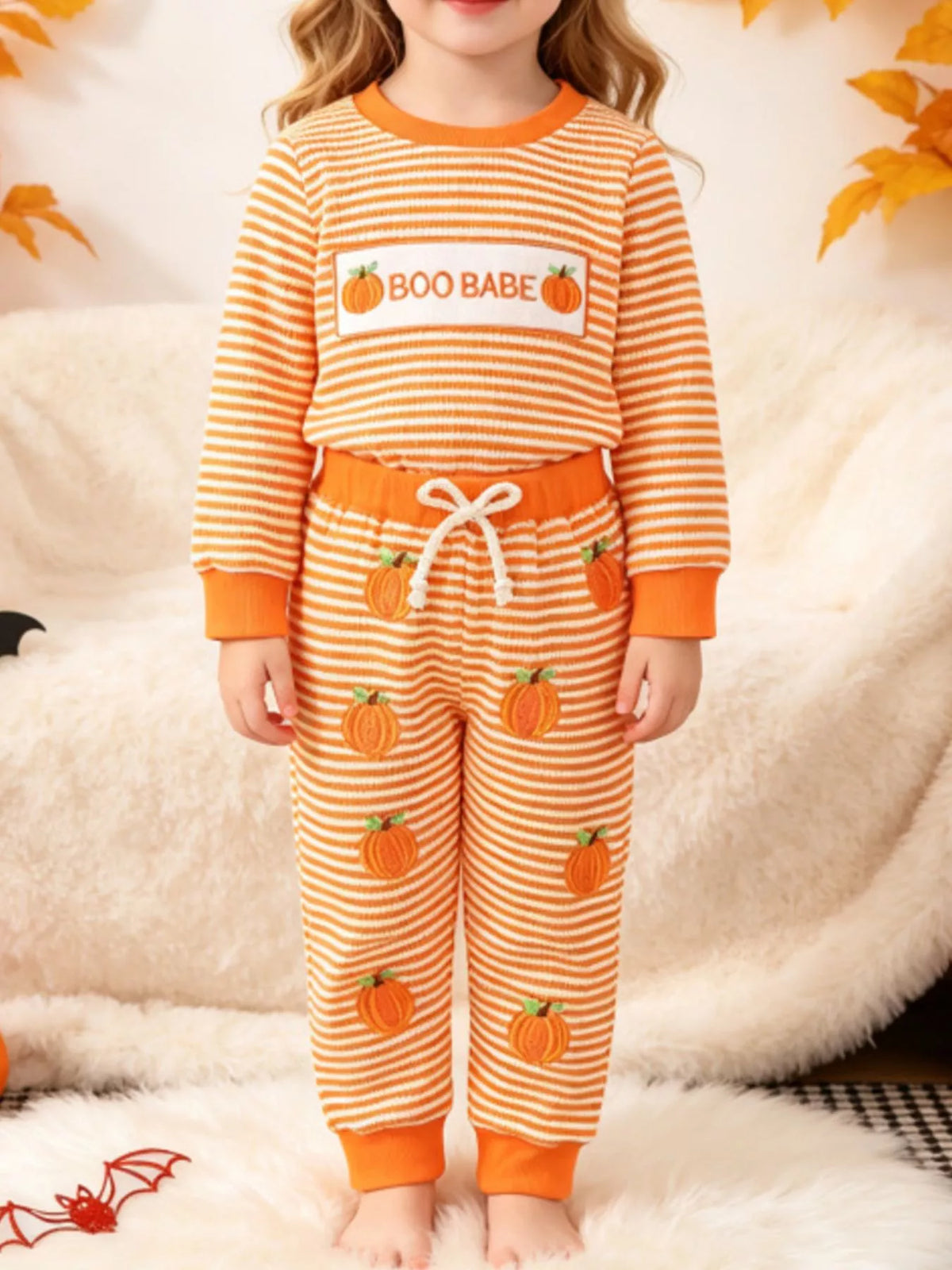 Children's Halloween Pumpkin Striped Long Sleeve Pajama Set - Lilixa.store