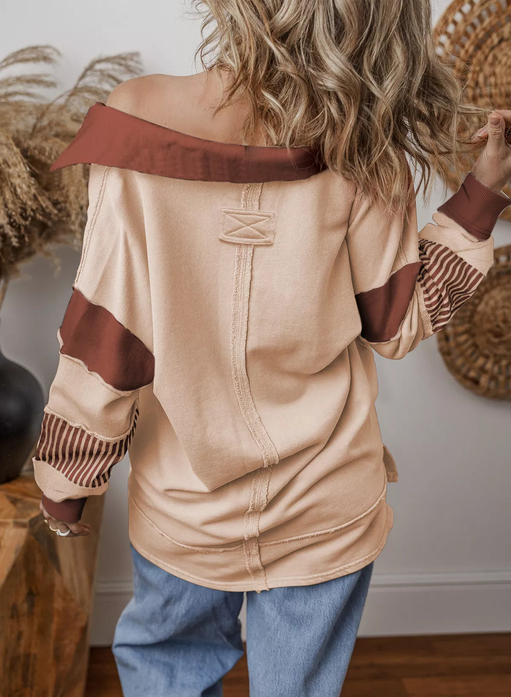 Color Block Striped Johnny Collar Sweatshirt - Lilixa.store