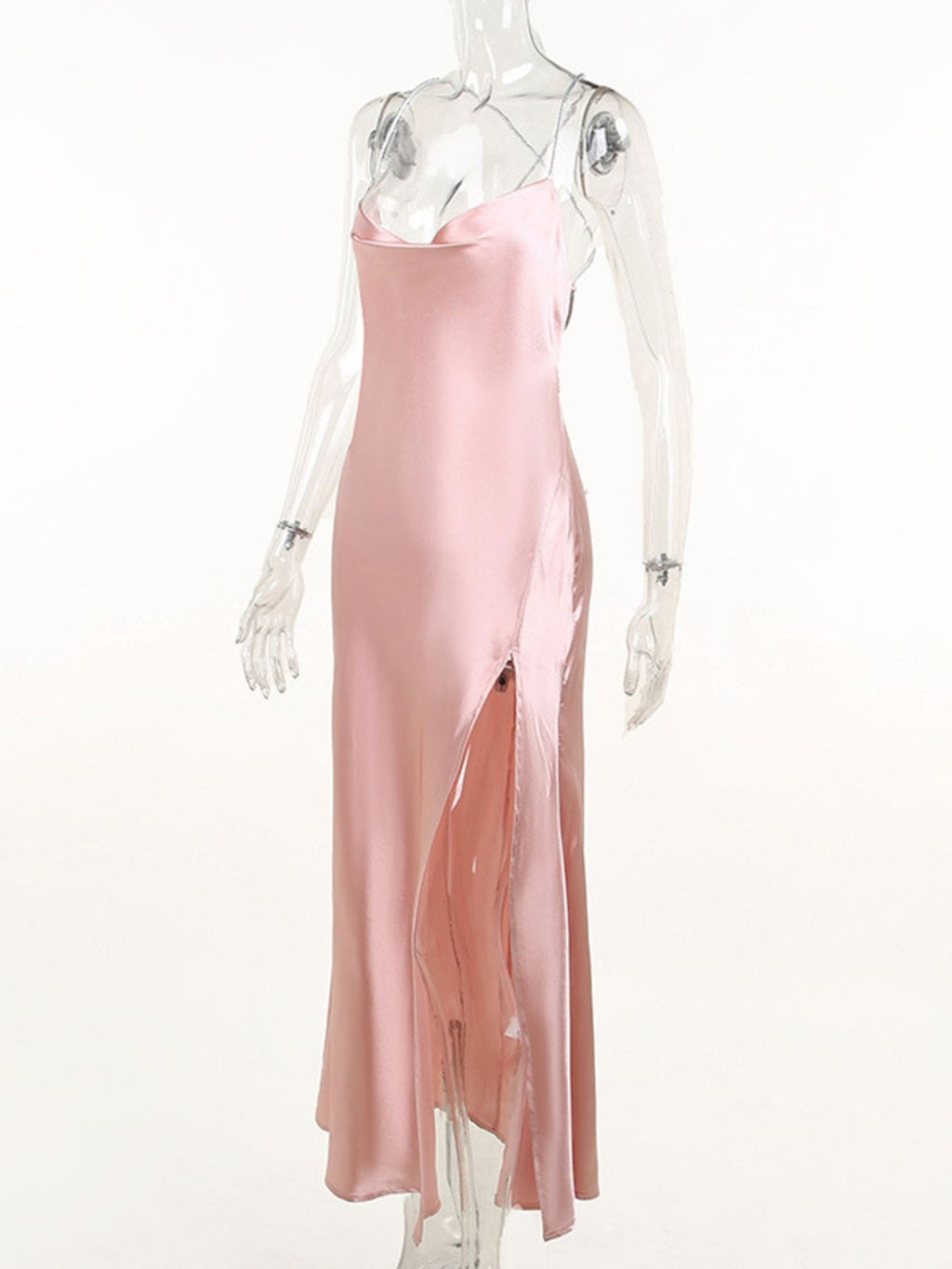Slinky Satin Cowl Neck High Slit Dress with Back Lace Up - Lilixa.store