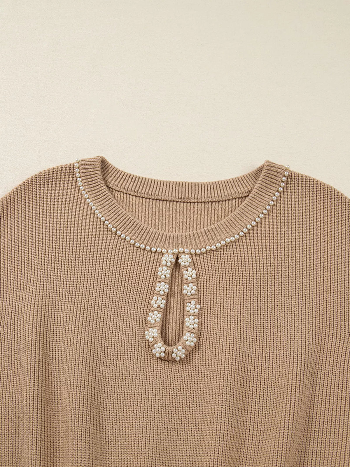 Pearl Embellished Keyhole Ribbed Sweater Dress in Camel, view 9
