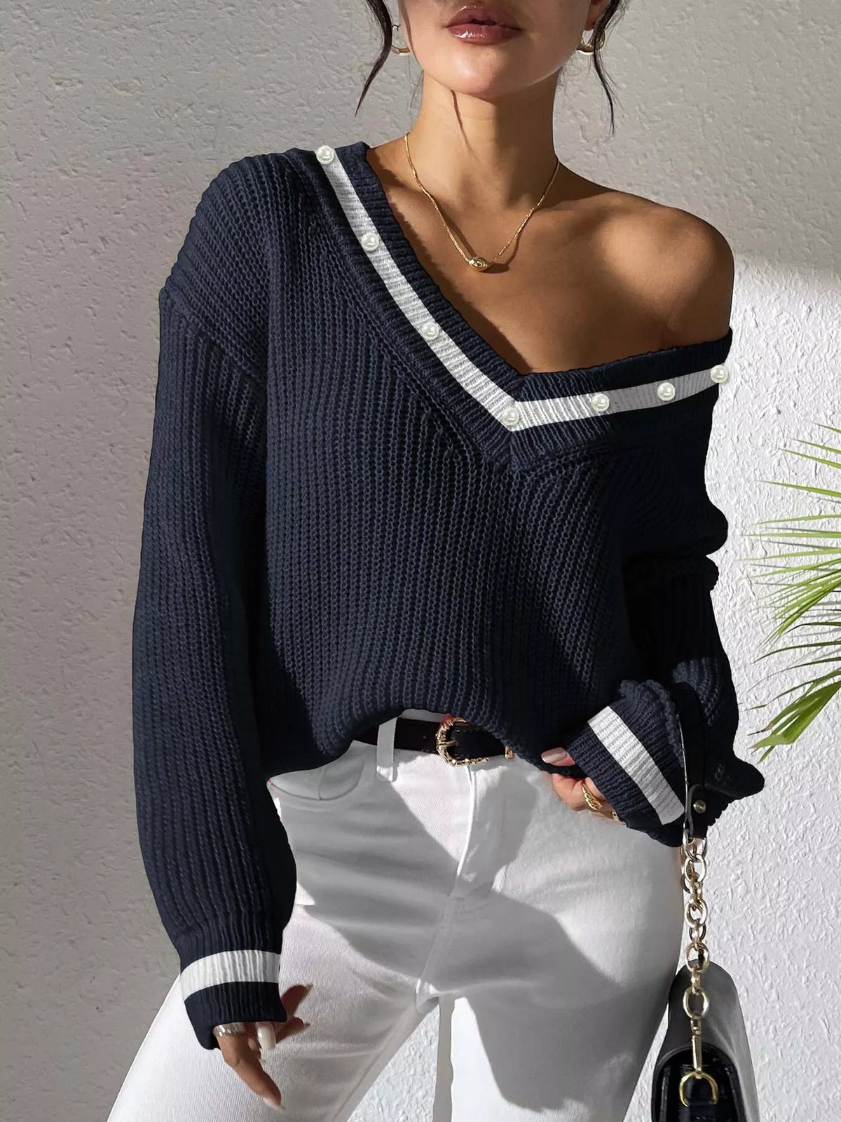 V-Neck Contrast Trim Sweater with Pearl Decor in Dark Navy