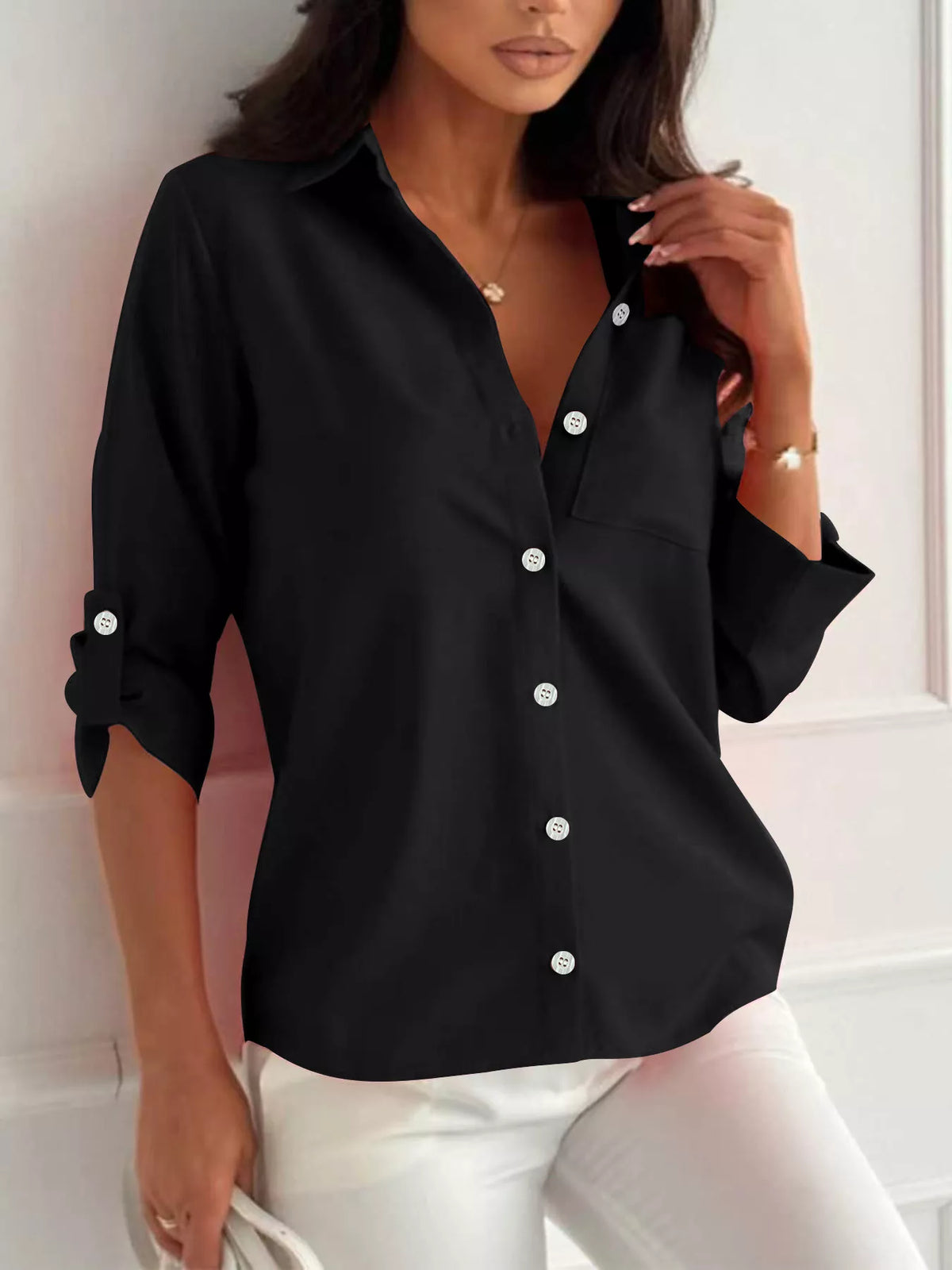 Button-Down Roll-Up Sleeve Shirt in Black
