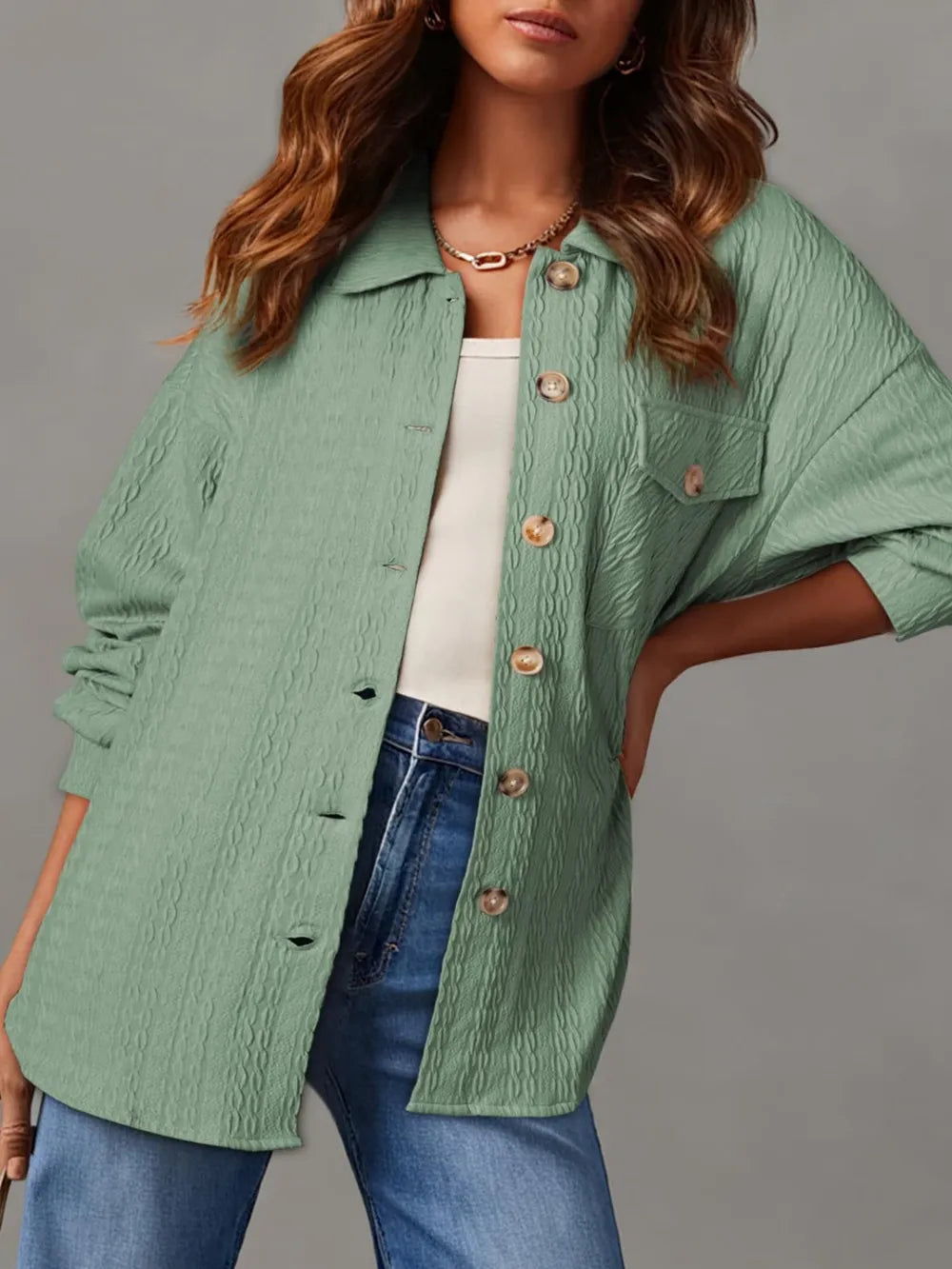 Textured Button Up Long Sleeve Shacket, view 11
