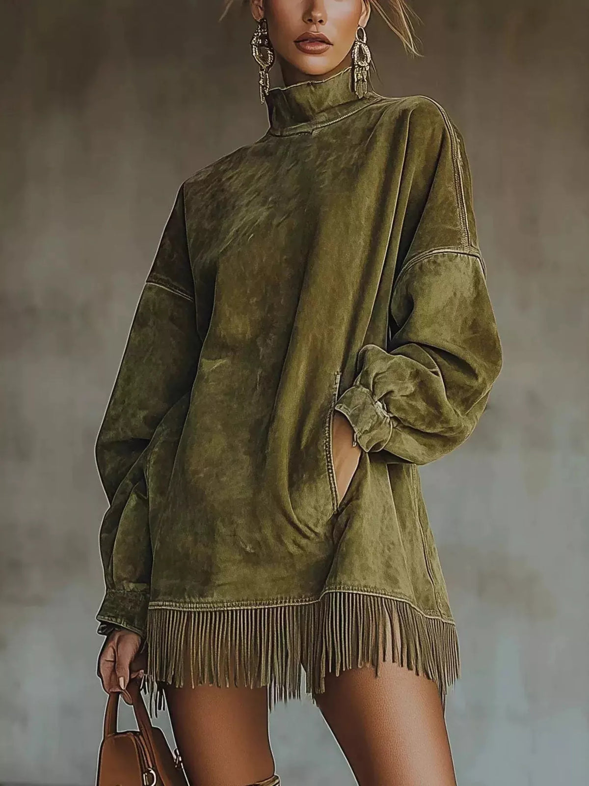 Full Size Mock Neck Fringed Hem Long Sleeve Mini Dress Plus Size