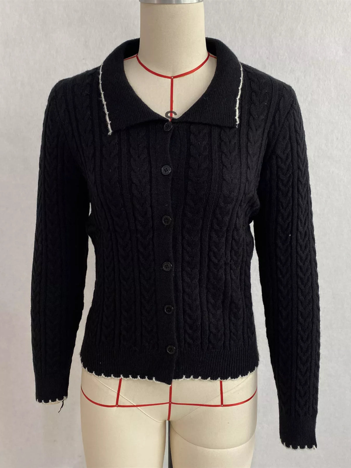 Cable Knit Polo Collar Button-Up Cardigan, view 16