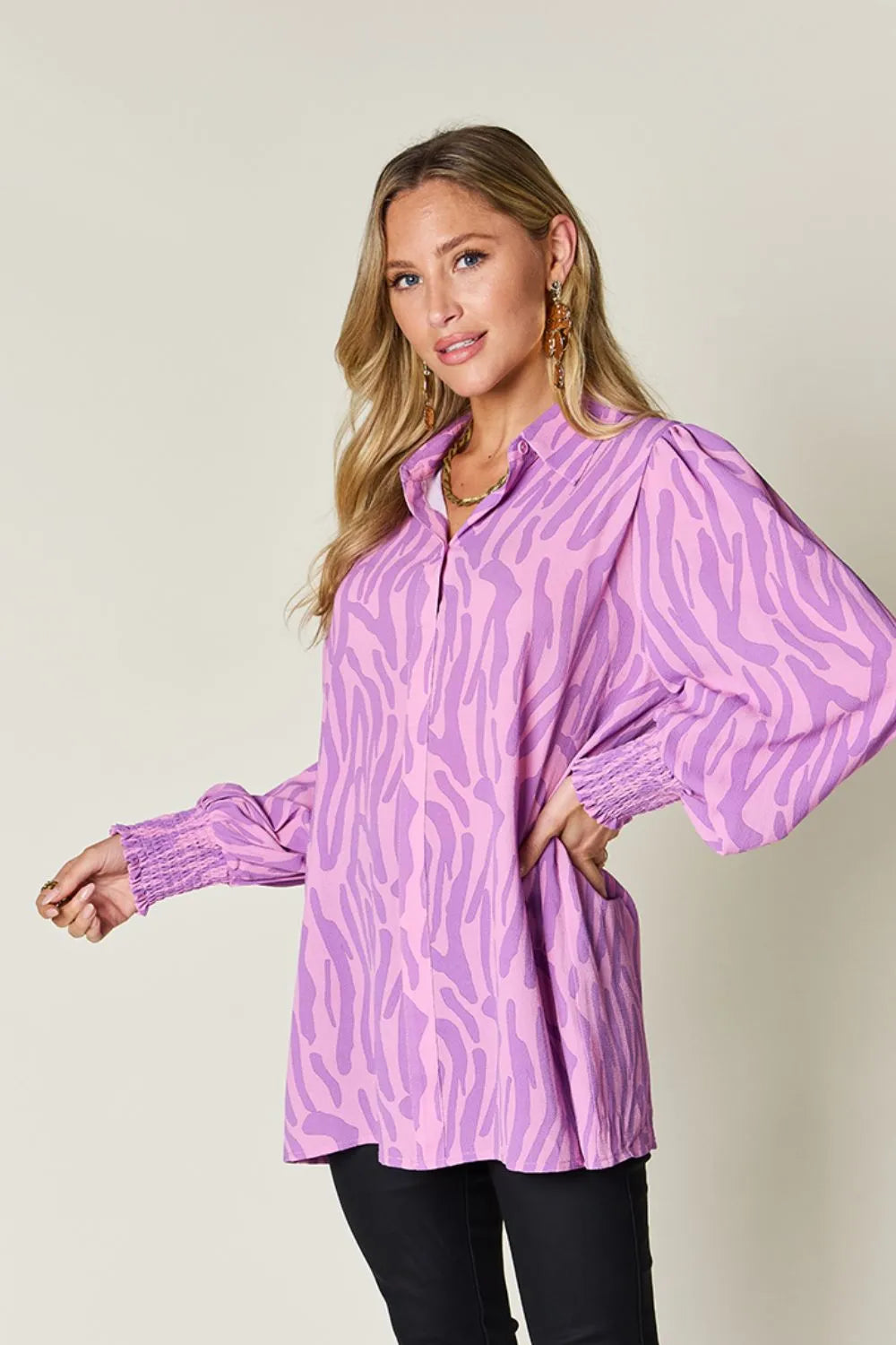 Double Take Full Size Printed Smocked Long Sleeve Blouse Plus Size - Lilixa.store