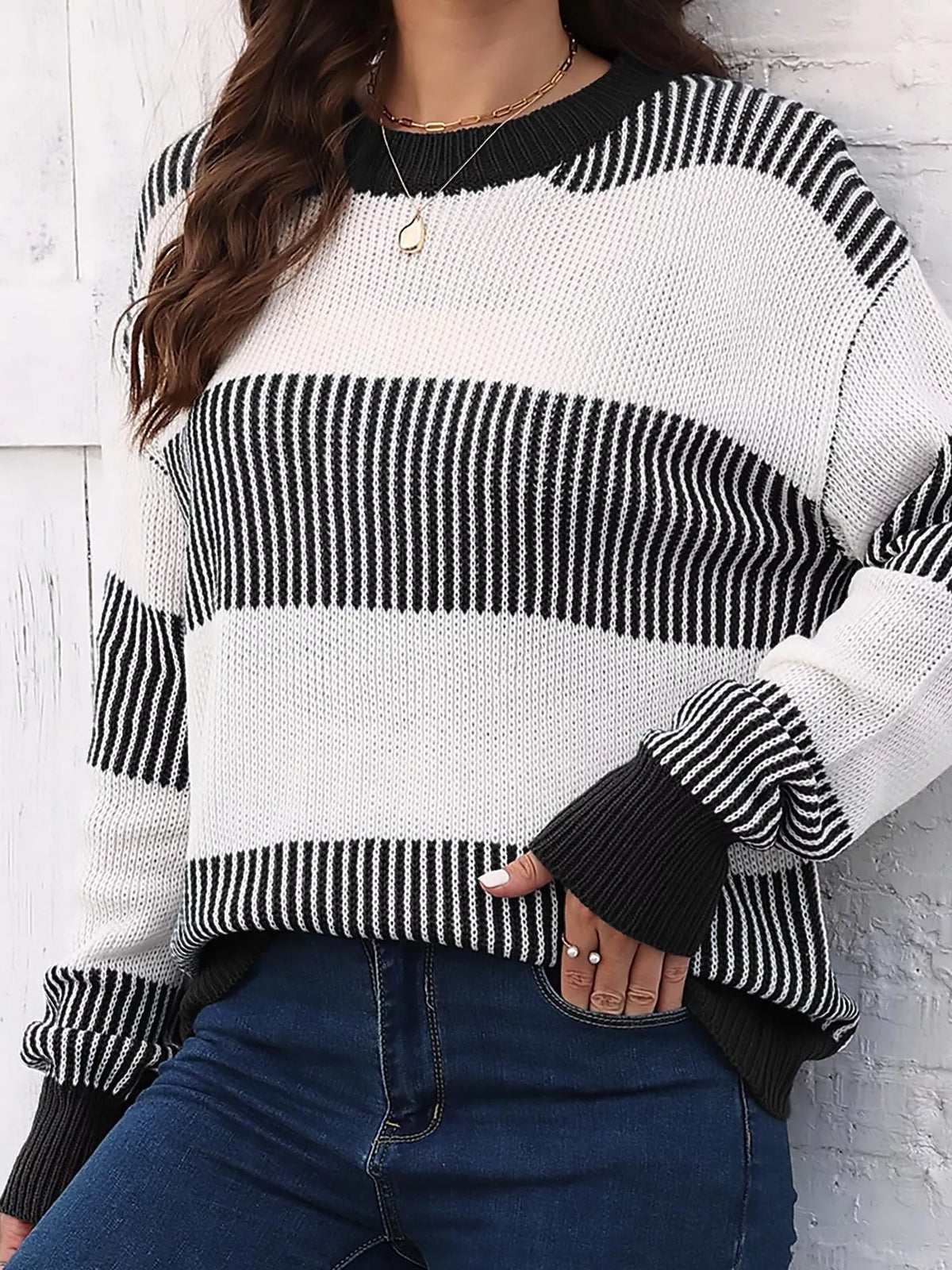Full Size Striped Color Block Crew Neck Sweater Plus Size in Black