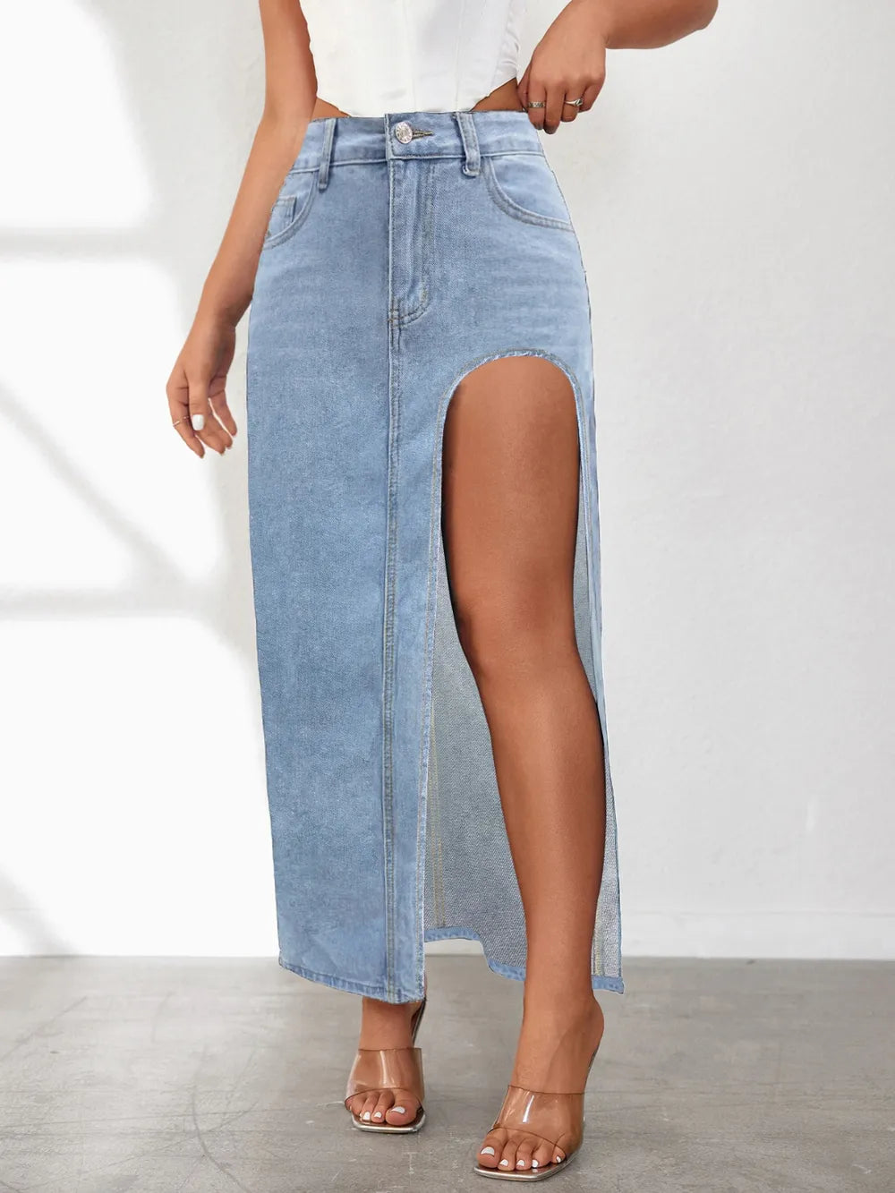 High Rise Slit Denim Skirt - Lilixa.store