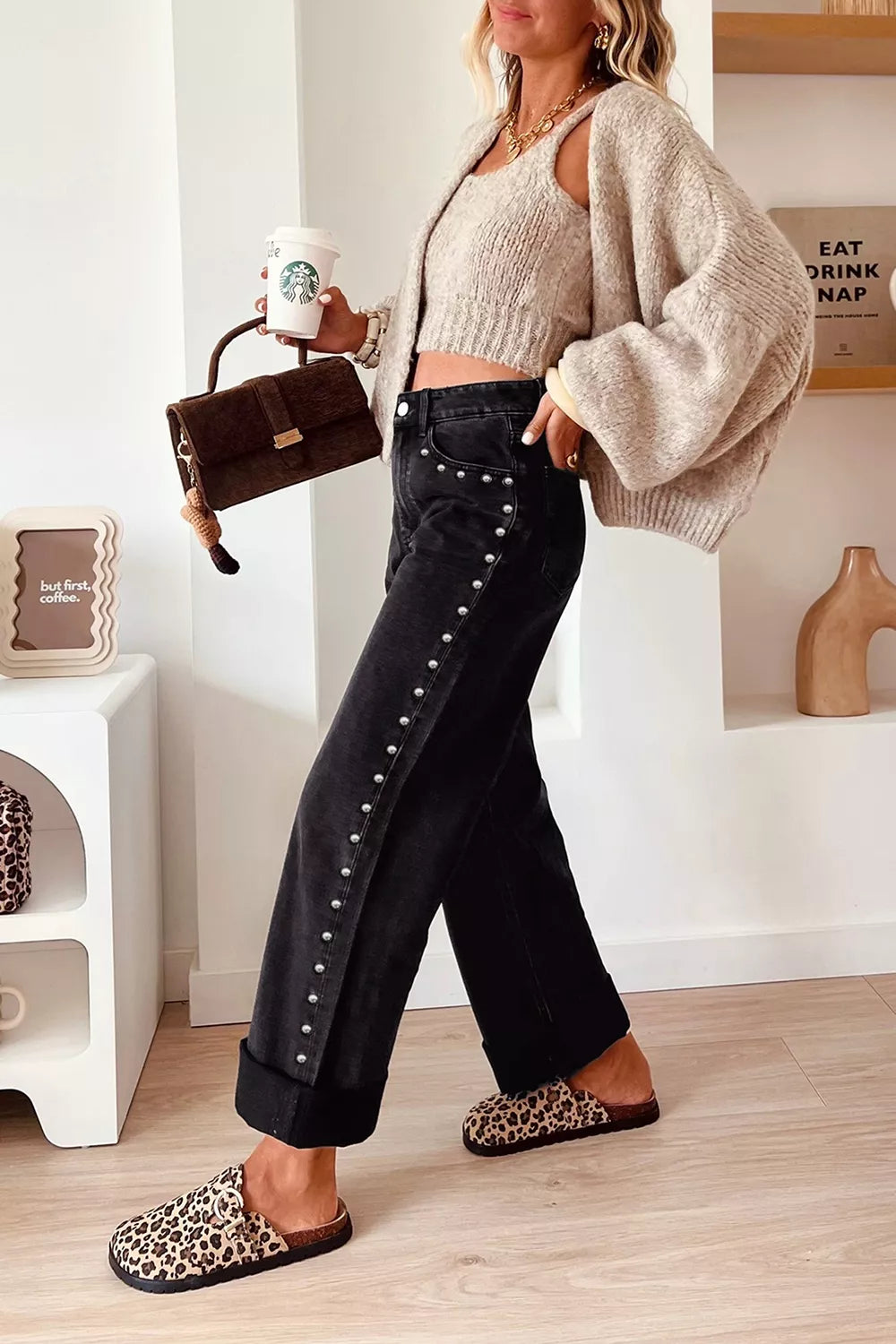 Studded Detail Straight Leg Casual Loose Jeans - Lilixa.store