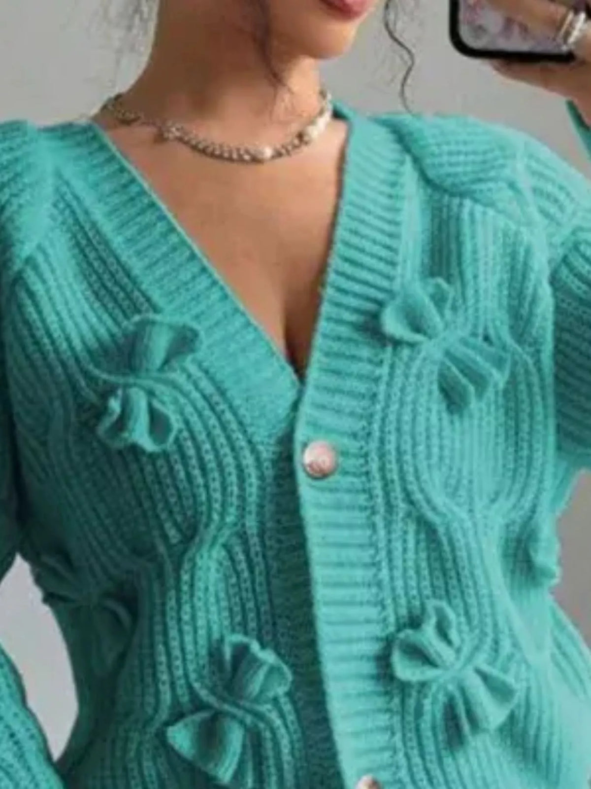 Bow Cable Knit V-Neck Cardigan - Lilixa.store