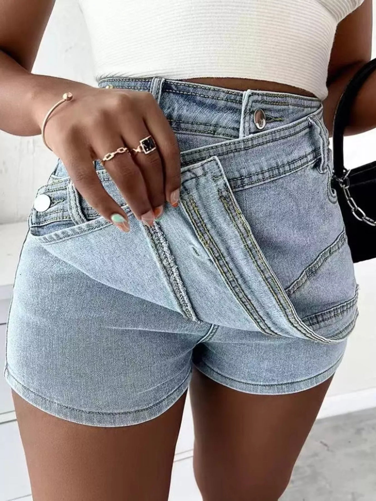 Asymmetrical Wrap Denim Shorts