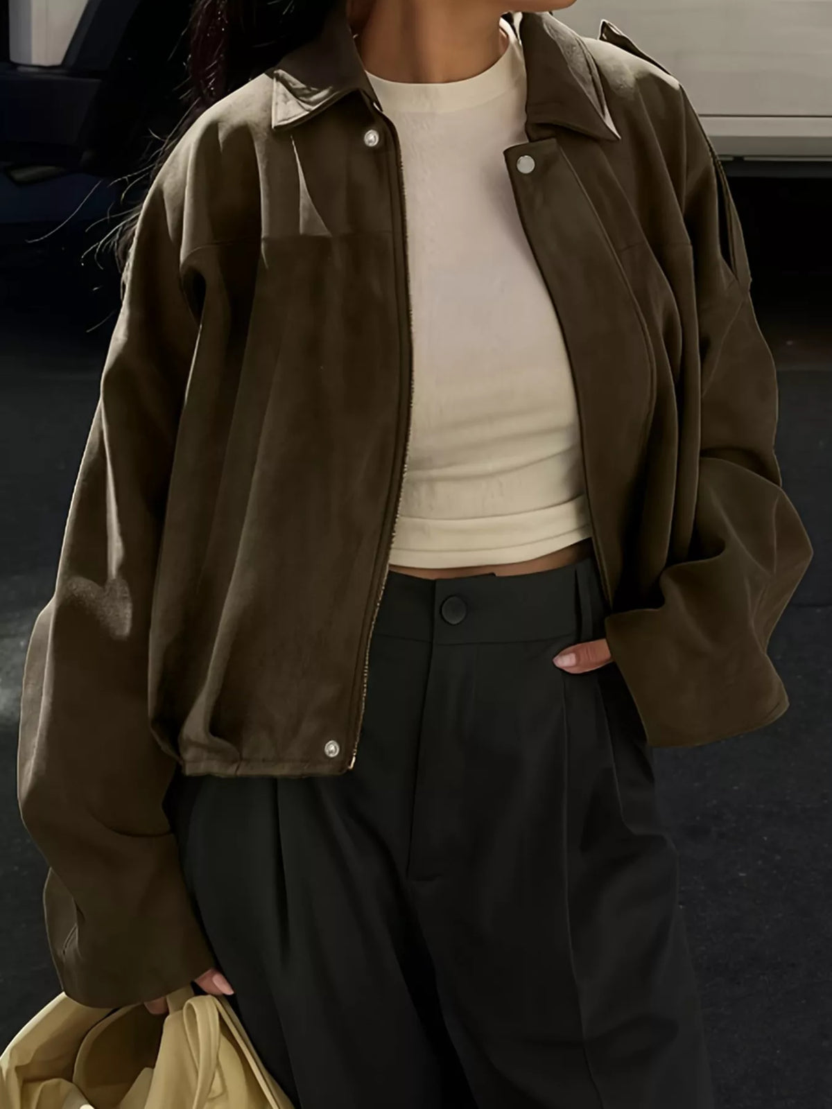 Suede Cropped Bomber Jacket in Army Green, view 2