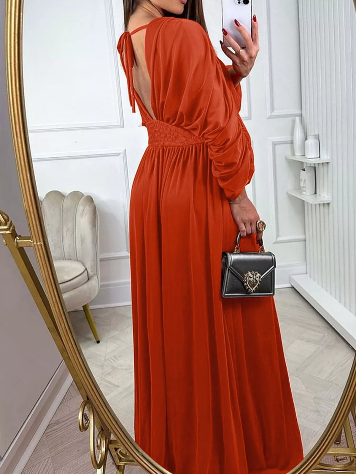 Ruched Sleeve V-Neck Maxi Dress - Lilixa.store
