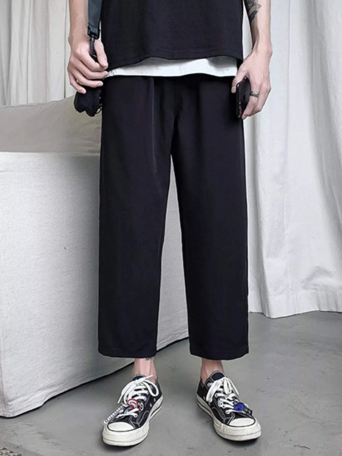 Men's Full Size Loose-Fit Cropped Casual Pants Plus Size in Black