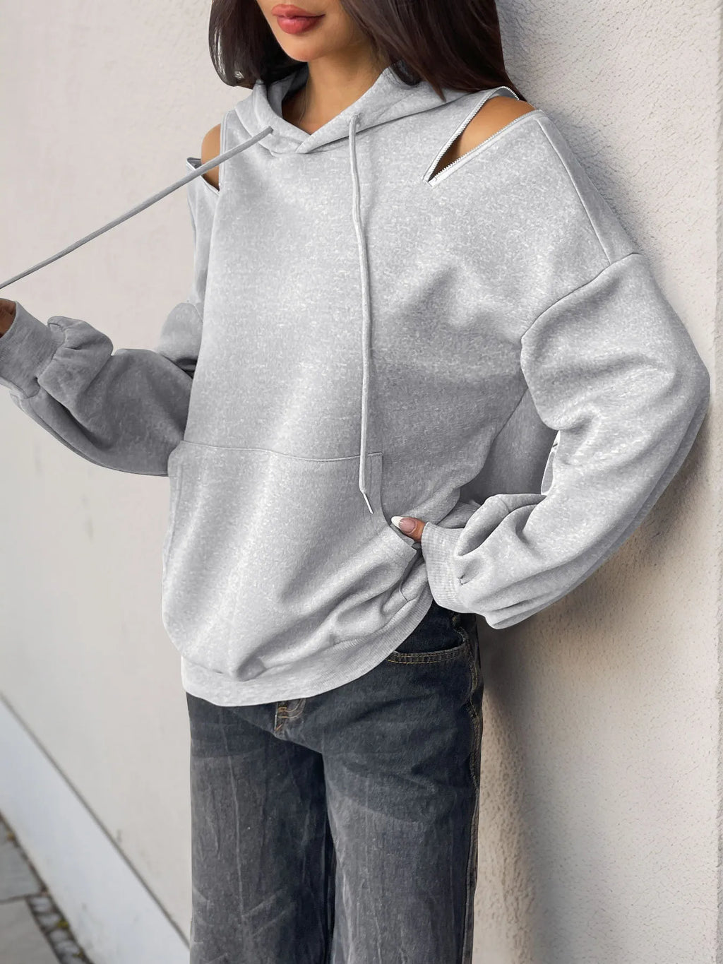 Drawstring Zip Detail Cold Shoulder Hoodie - Lilixa.store