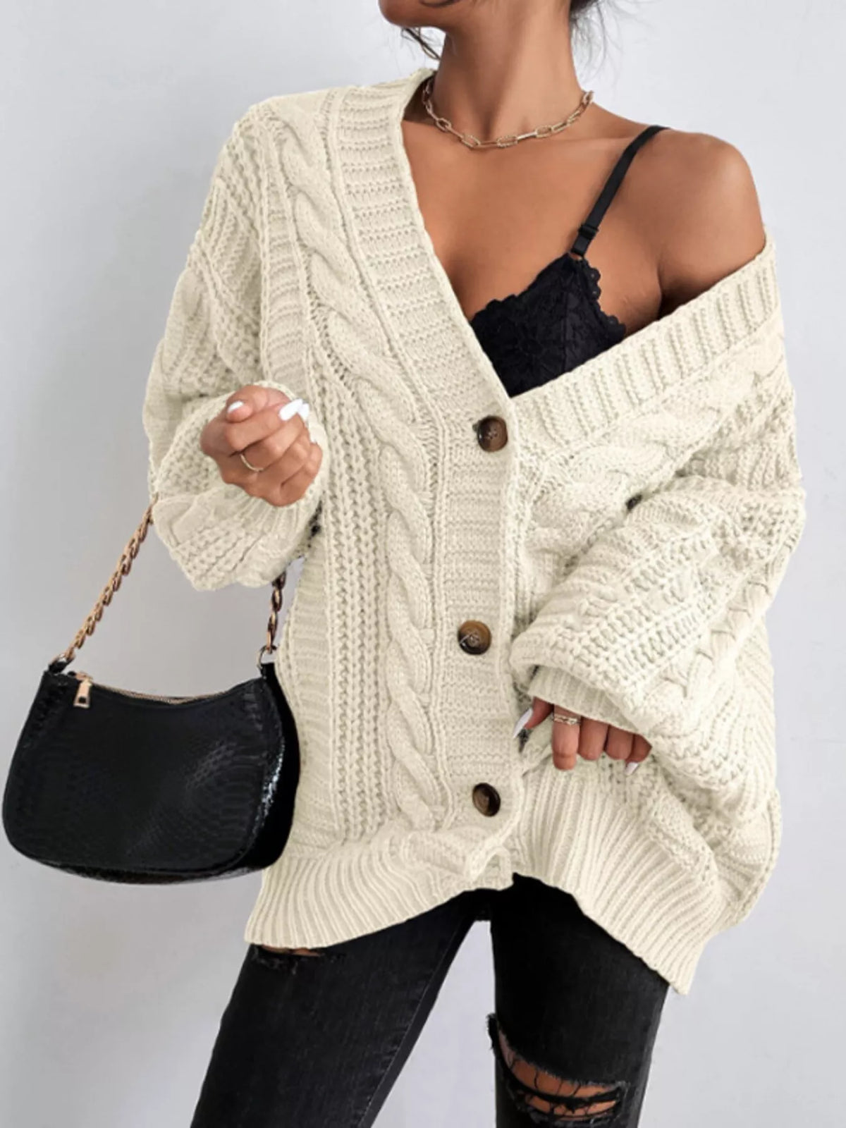 Cable Knit V-Neck Button-Down Cardigan - Lilixa.store