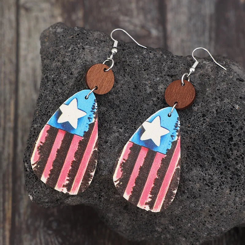 Star & Stripes Wooden Dangle Earrings - Lilixa.store
