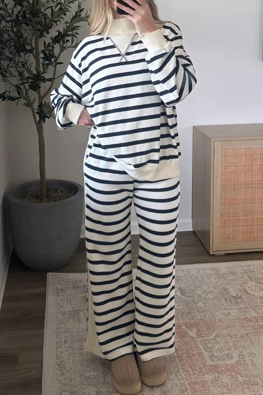 Striped Long Sleeve Top and Wide-Leg Pants Set