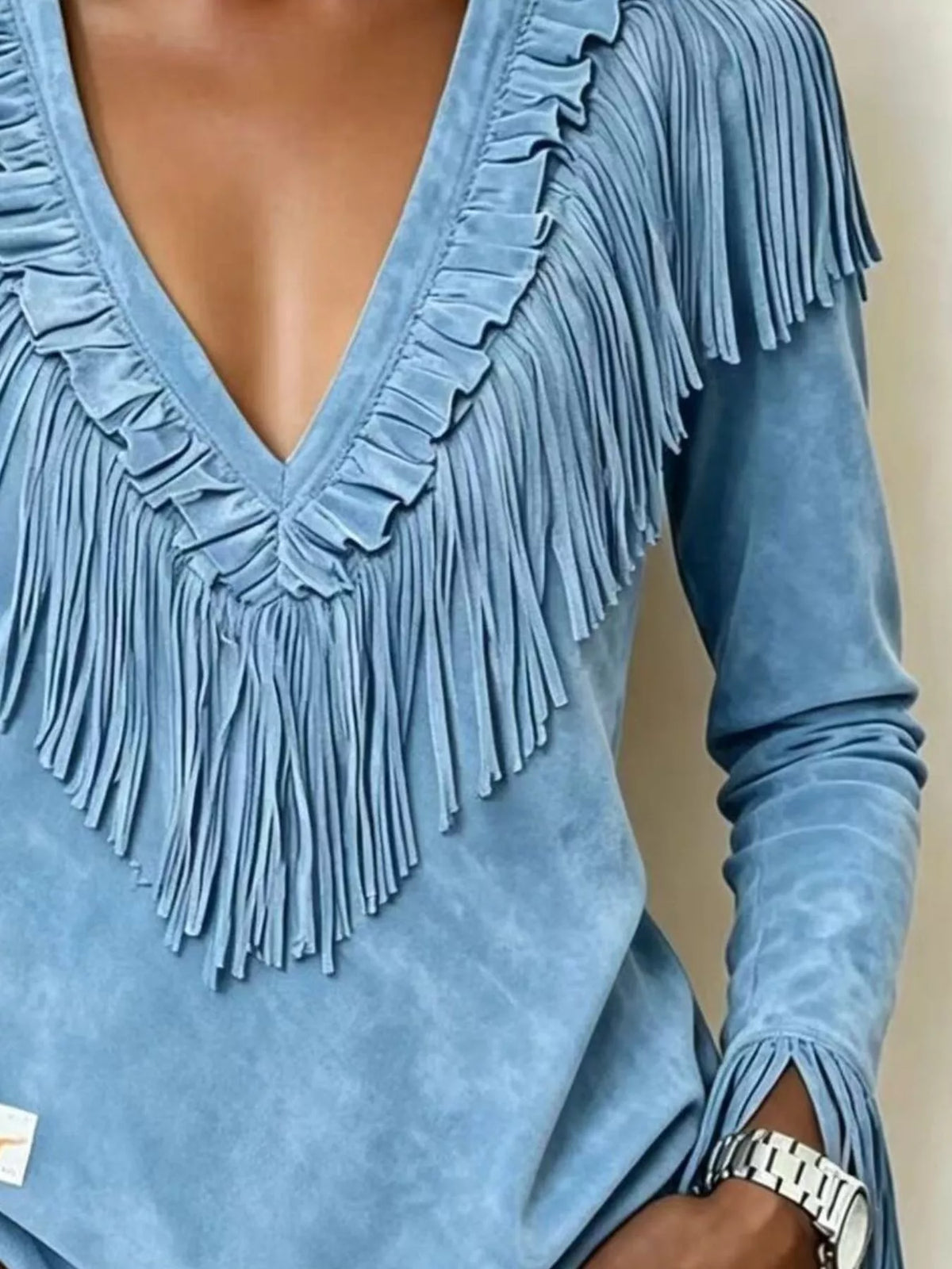 Fringed V-Neck Blouse