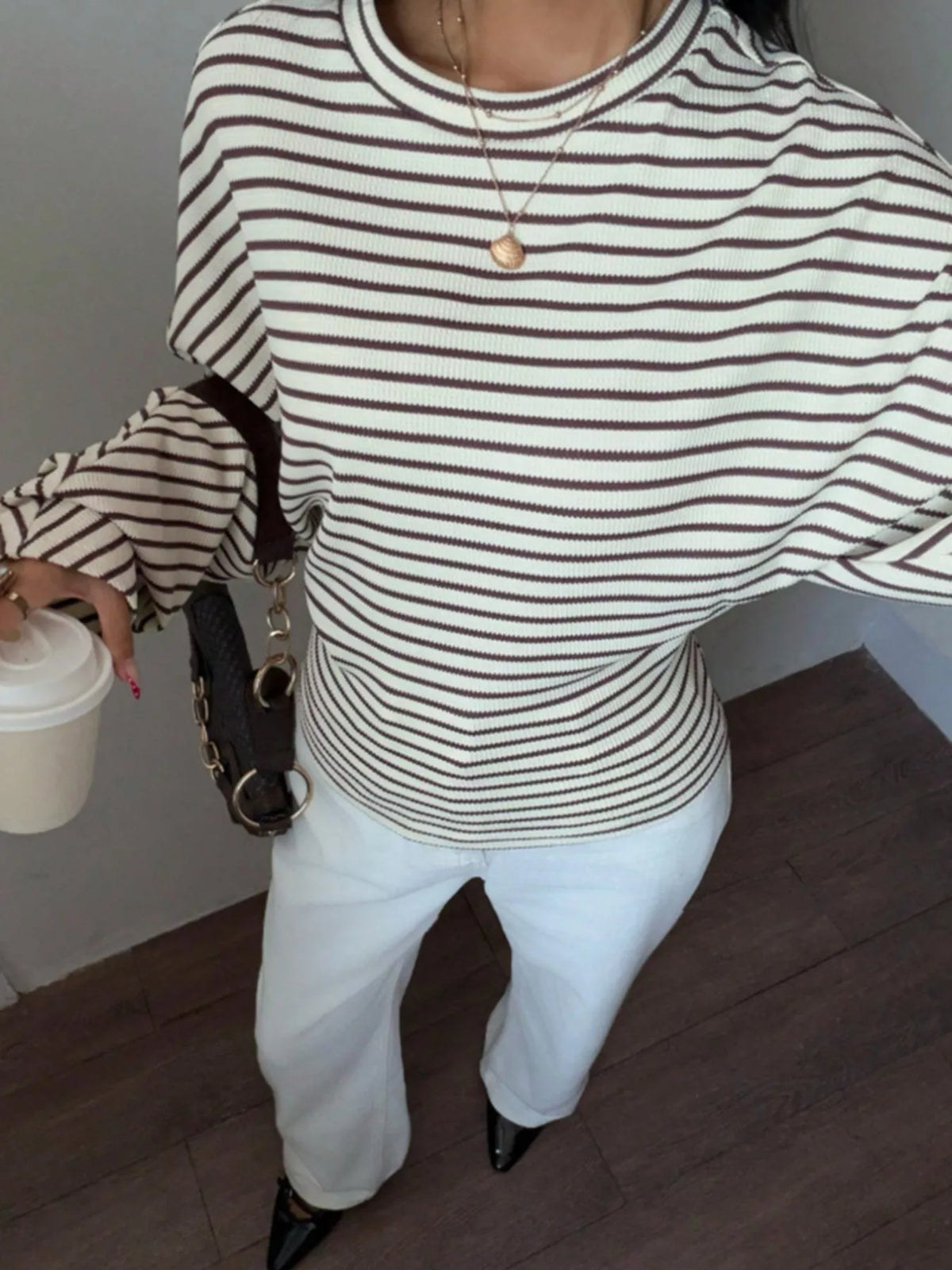 Casual Striped Long Sleeve Batwing T-Shirt, view 5