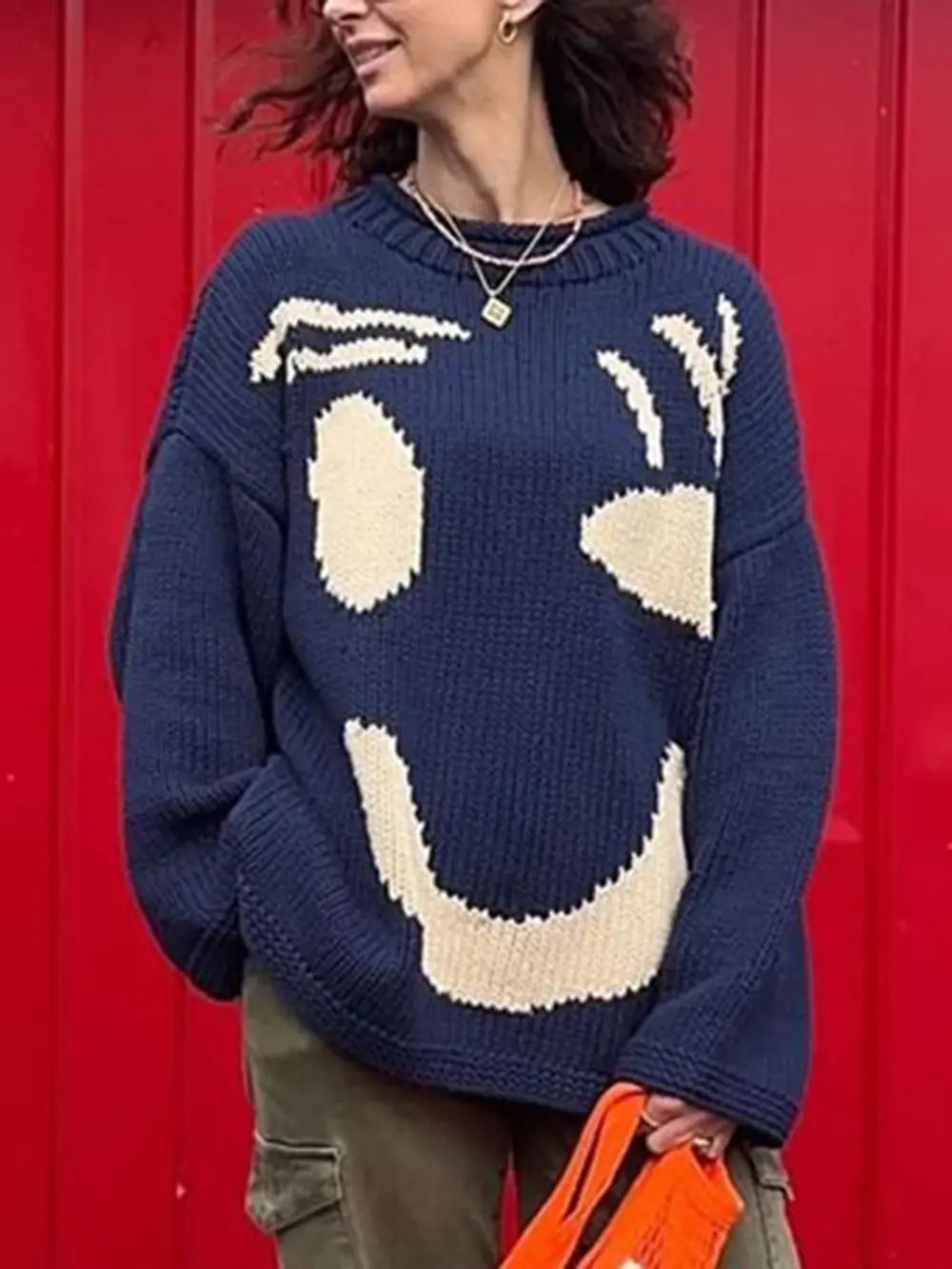Contrast Drop Shoulder Long Sleeve Sweater in Dark Blue