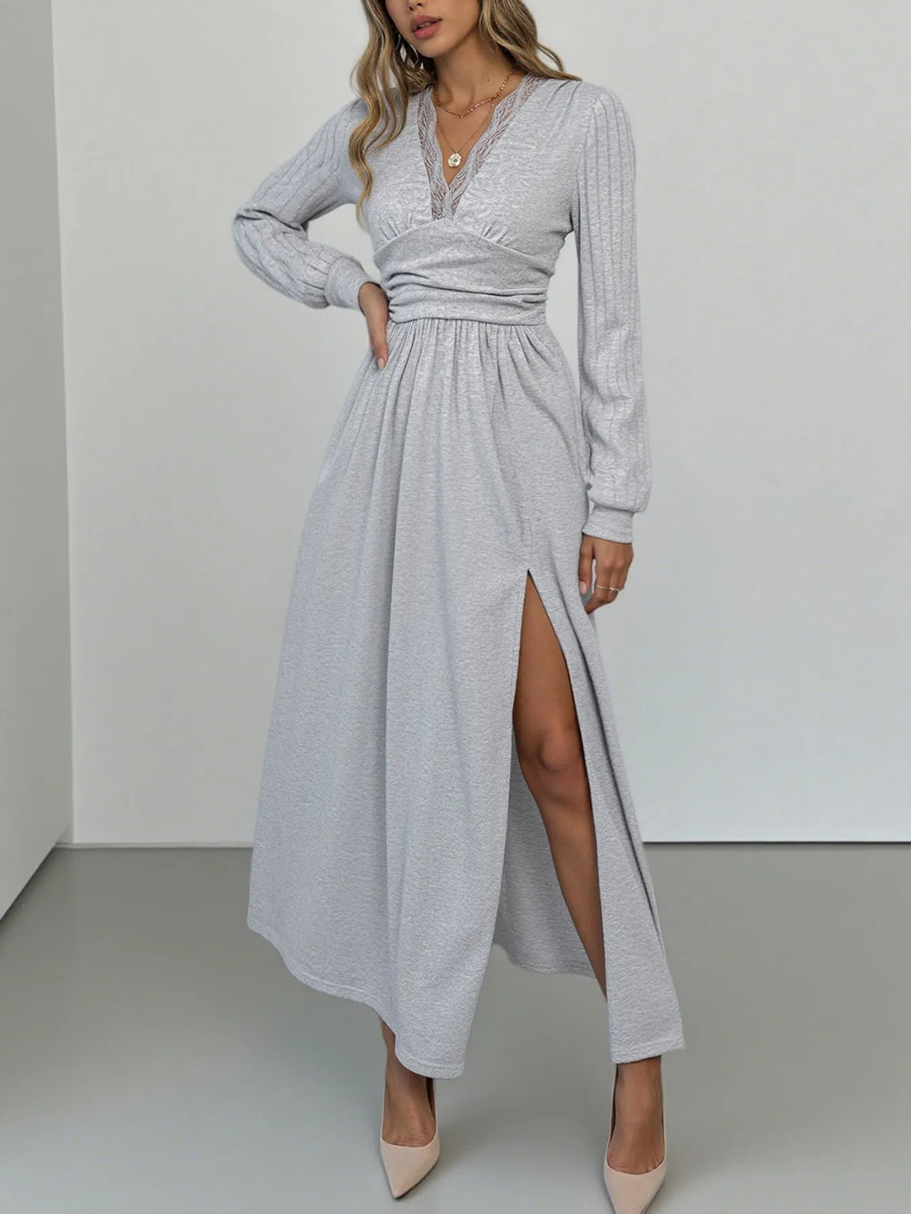 Lace Detail V-Neck Maxi Dress with Side Slit - Lilixa.store