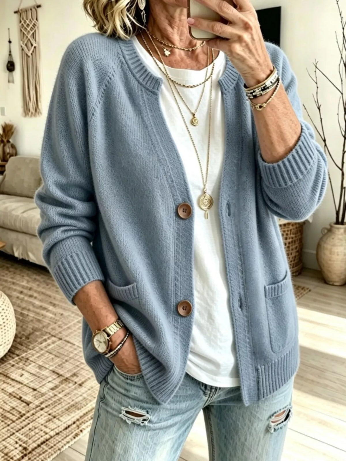 Full Size Button Up Raglan Sleeve Cardigan Plus Size