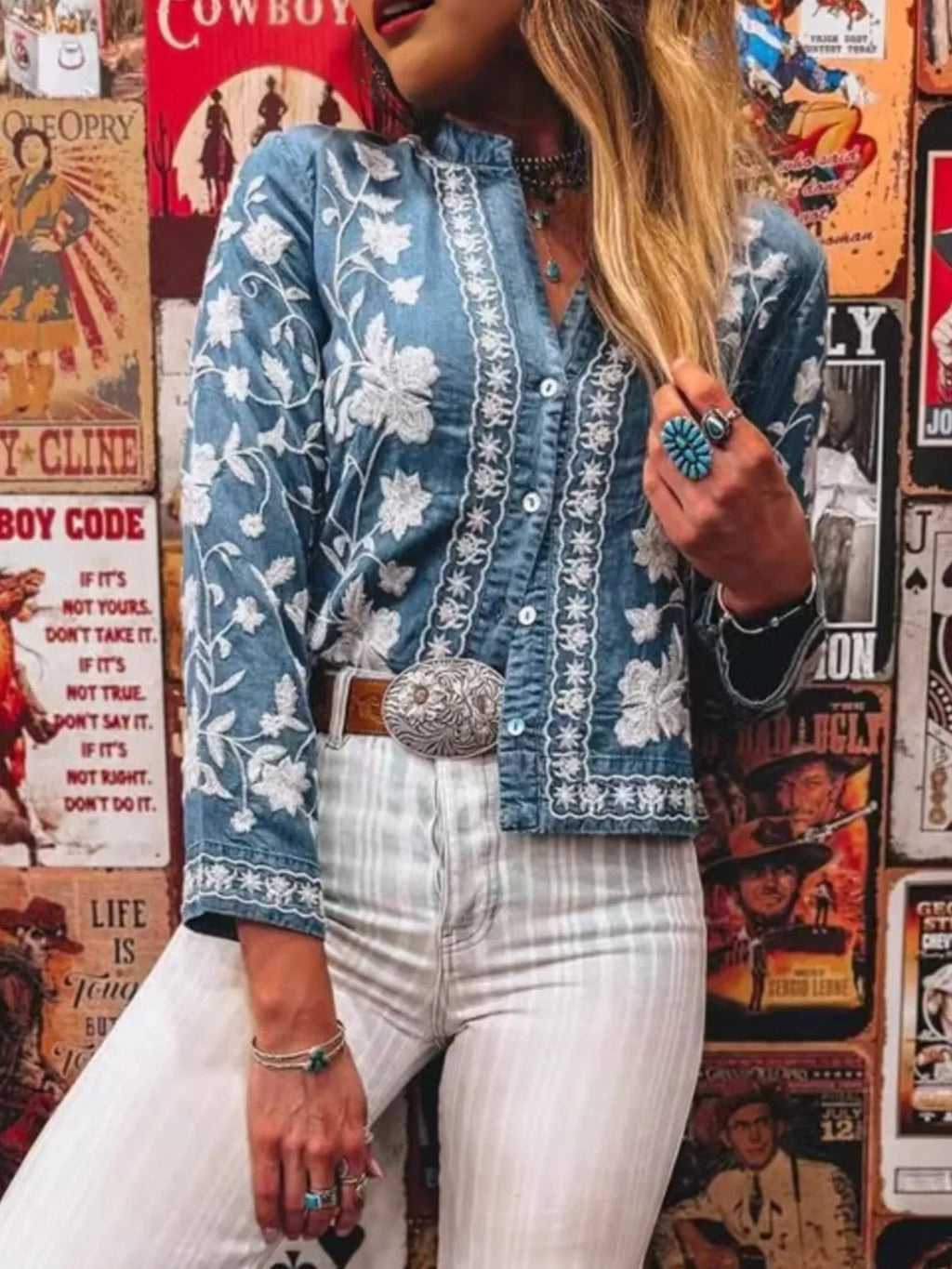 Floral Embroidered Button Up Denim Shirt - Lilixa.store